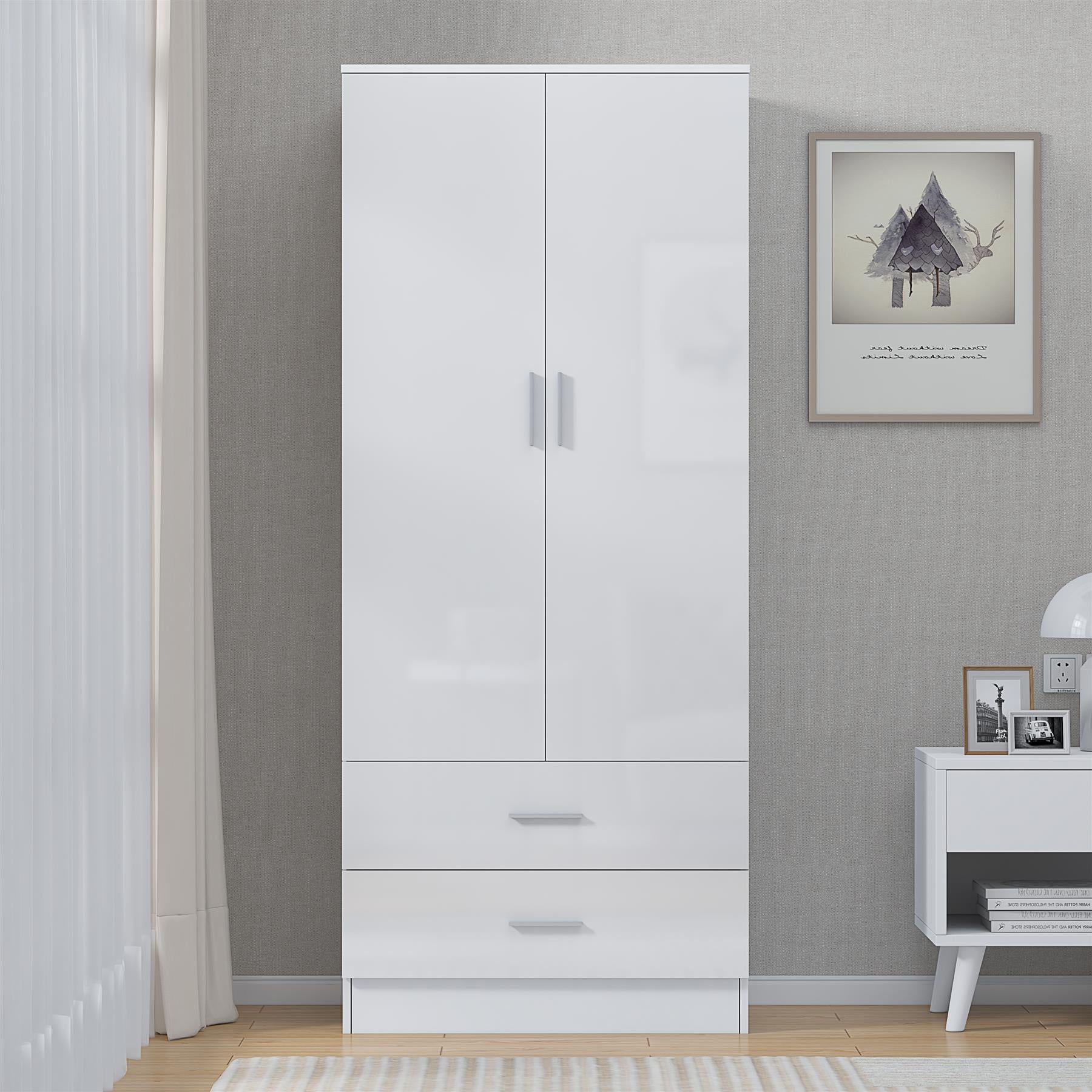 Reflect 2 Door 2 Drawer Combi Plain Wardrobe - White Gloss & Matt White - Hanging Rails, Drawers & Shelf - H: 180cm x W: 76cm