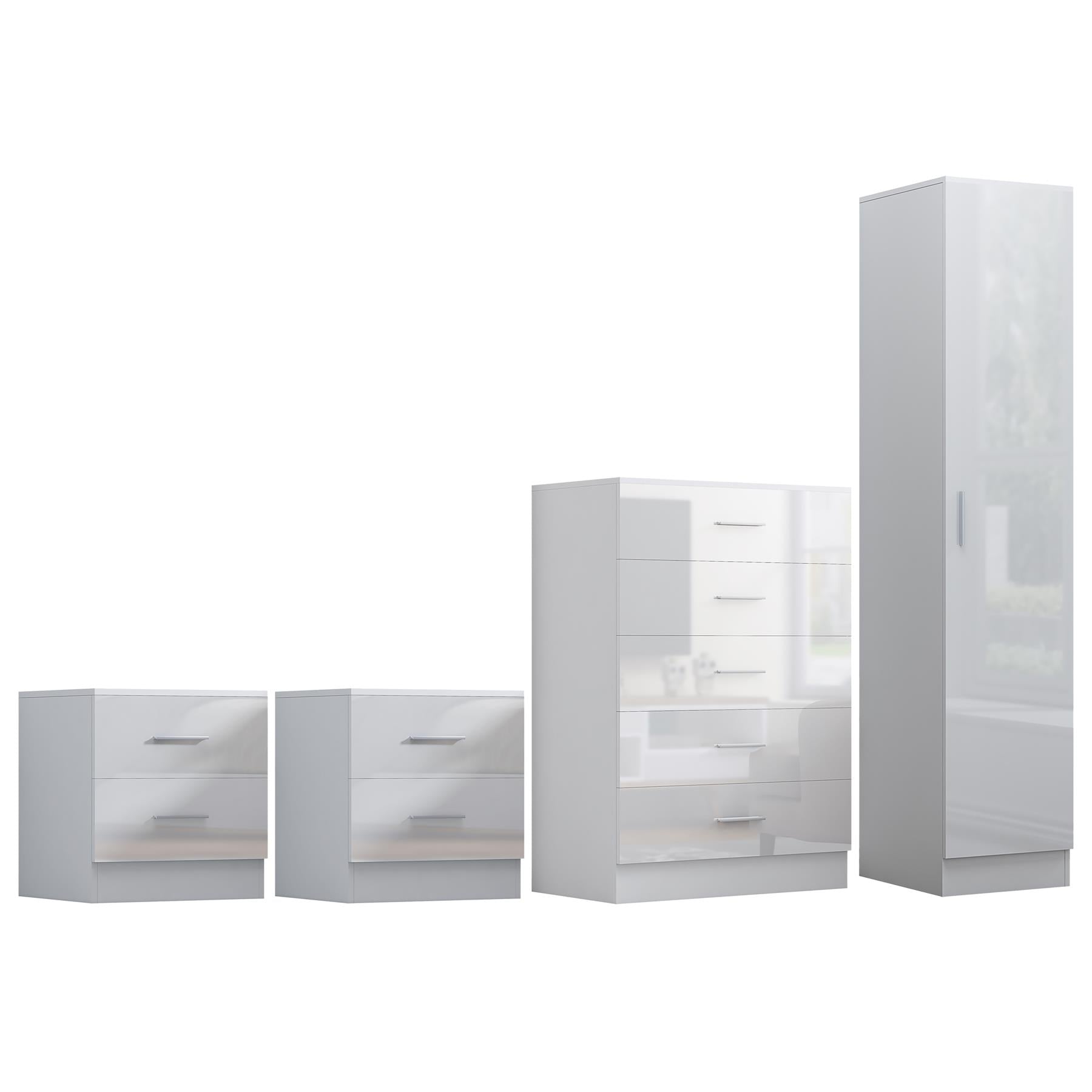 Reflect 1 Door Plain Wardrobe, 5 Drawer Chest, 2x 2 Drawer Bedsides - White Gloss & Matt White - Modern Bedroom Furniture Set