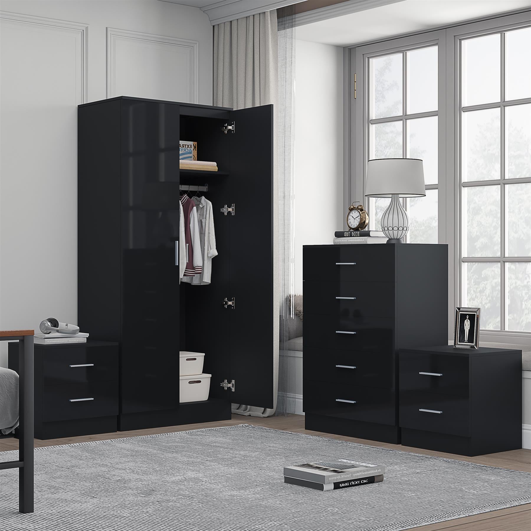 Reflect 2 Door Plain Wardrobe, 5 Drawer Chest, 2x 2 Drawer Bedsides - Black Gloss & Black Oak - Modern Bedroom Furniture Set