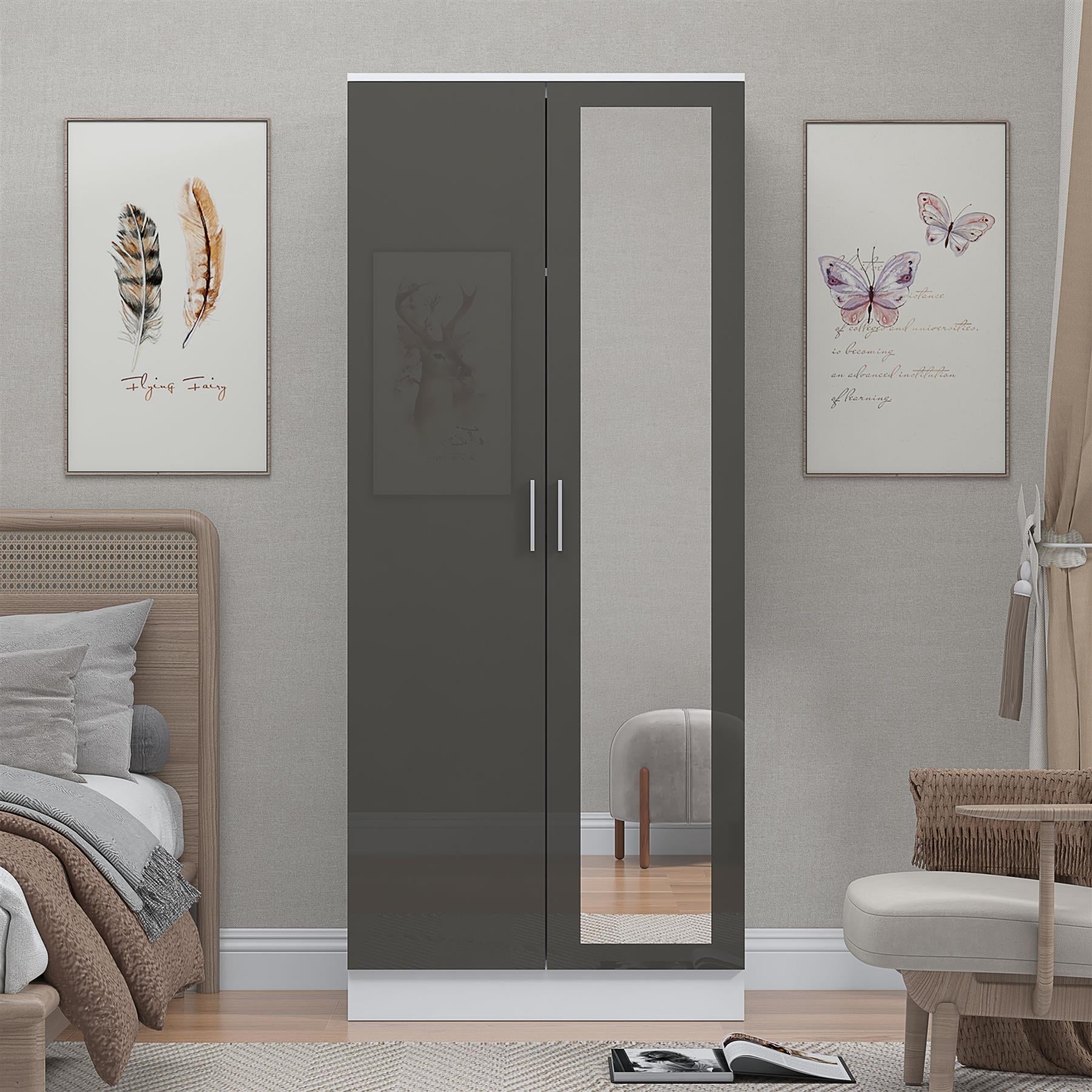Reflect 2 Door Mirrored Wardrobe - Grey Gloss & Matt White - Hanging Rails & Shelves - H: 180cm x W: 76cm - Modern Sleek Design