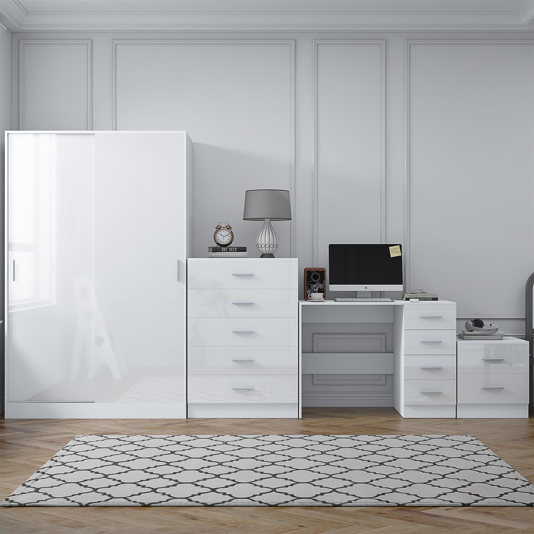 REFLECT Gloss 4pc Set - 2 Door Sliding Wardrobe + 5 Draw Chest + Bedside + Desk