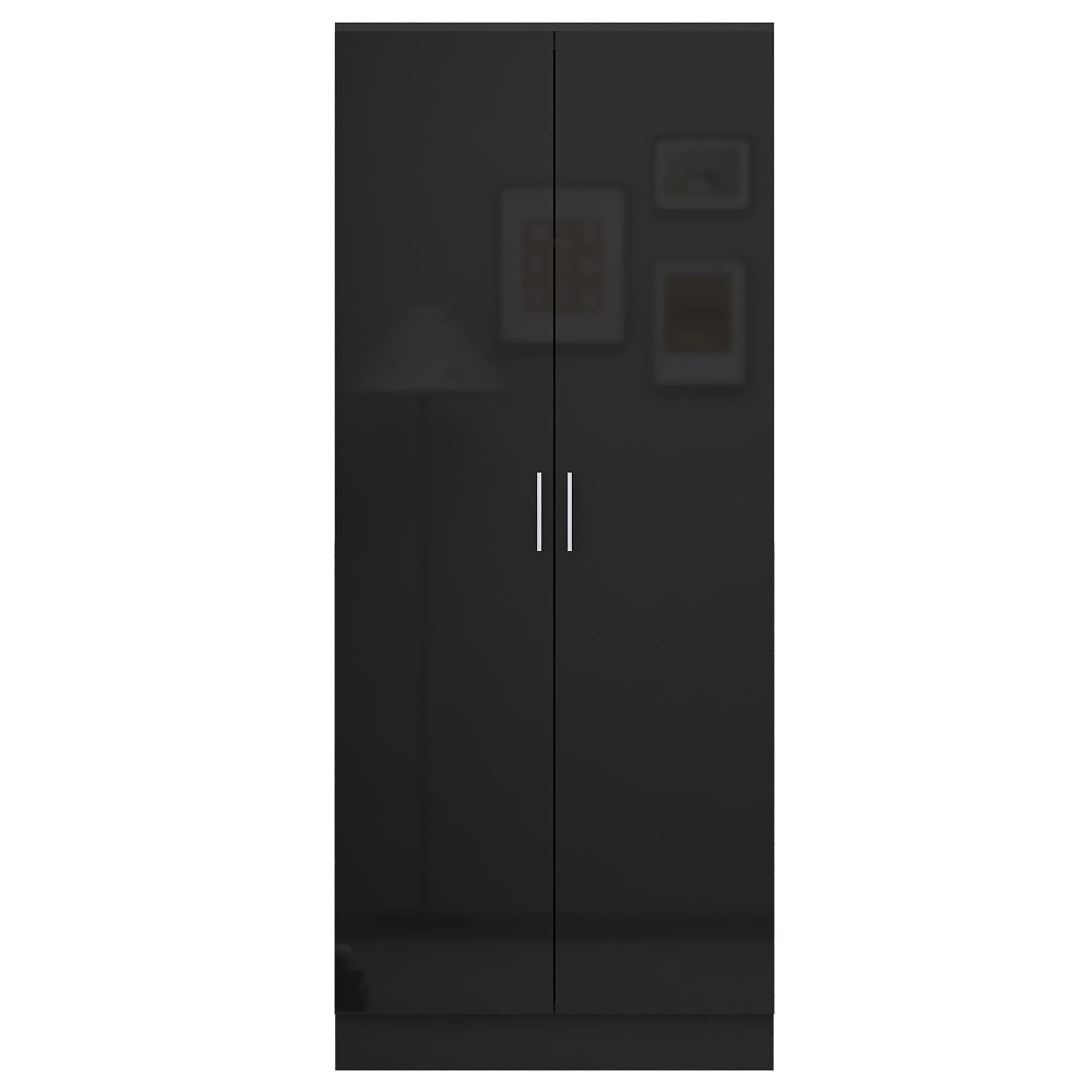 Reflect 2 Door Plain Wardrobe - Black Gloss & Black Oak - Hanging Rails & Shelves - H: 180cm x W: 76cm - Modern Sleek Design