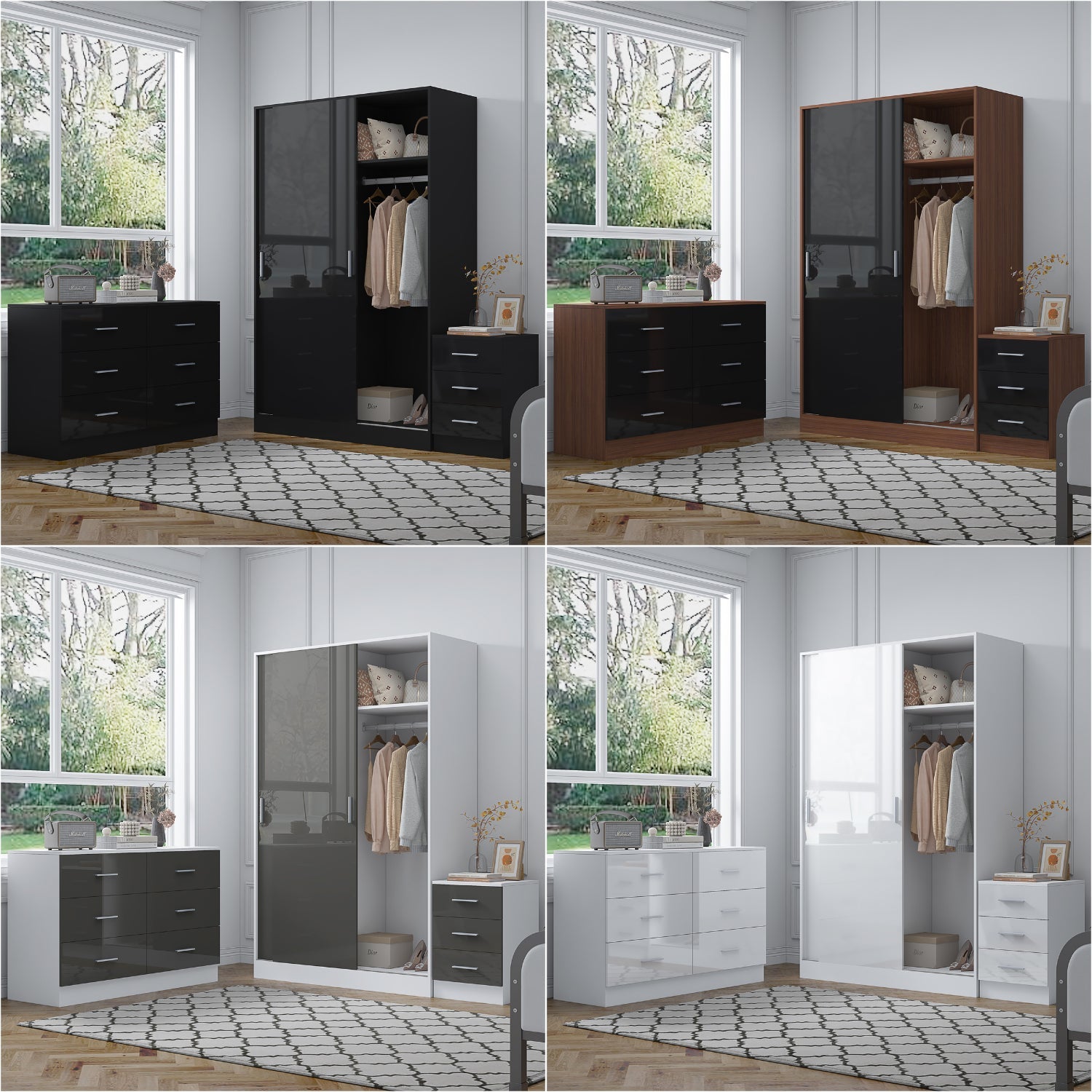 REFLECT Gloss 3pc Set - 2 Door Sliding Wardrobe + Wide Chest + Tall Bedside