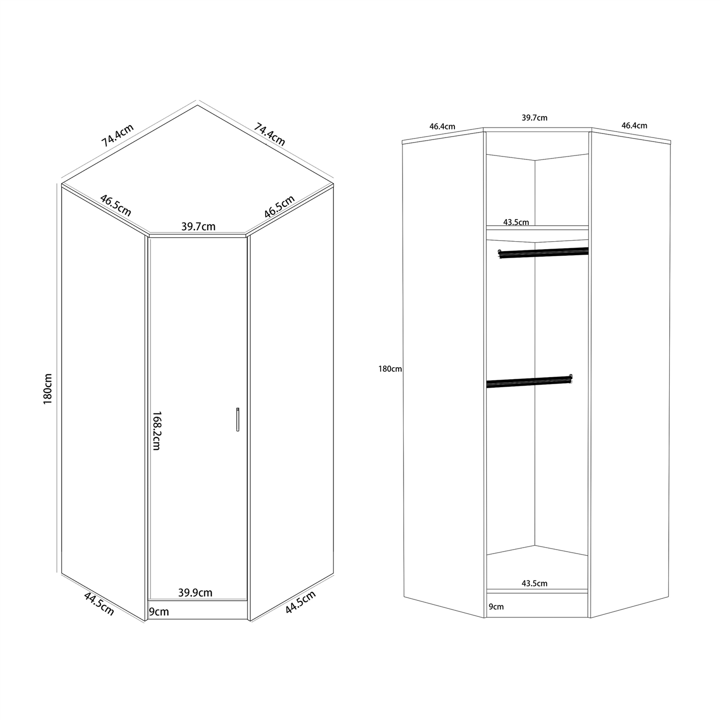 Reflect 1 Door Corner Wardrobe - White Gloss & Matt White - 2 Hanging Rails & 1 Shelf - Modern Design