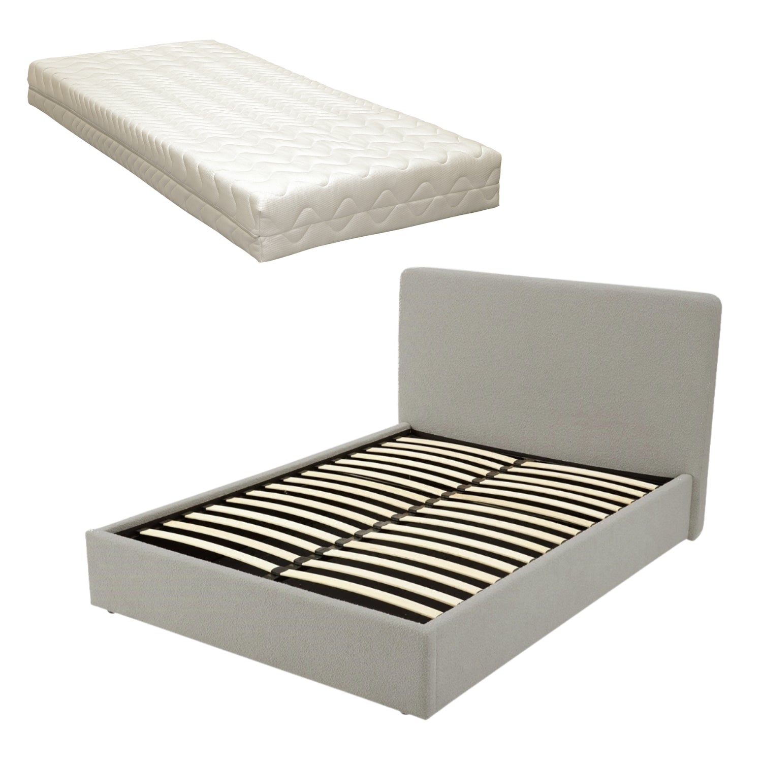 TEDDY BOUCLE 5FT King Grey Ottoman Storage Bed Gas Lift Up - (L) 220cm x (W) 170cm (H) 113cm with Memory Foam & Spring Mattress