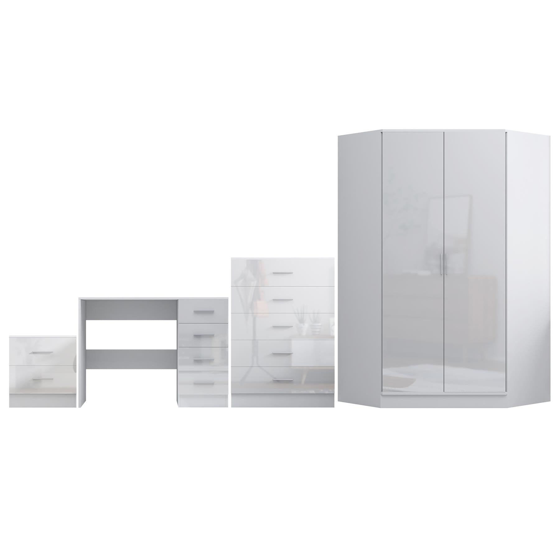 Reflect 2 Door Corner Wardrobe, 5 Drawer Chest, 2 Drawer Bedside & Desk - White Gloss & Matt White - Bedroom Furniture Set