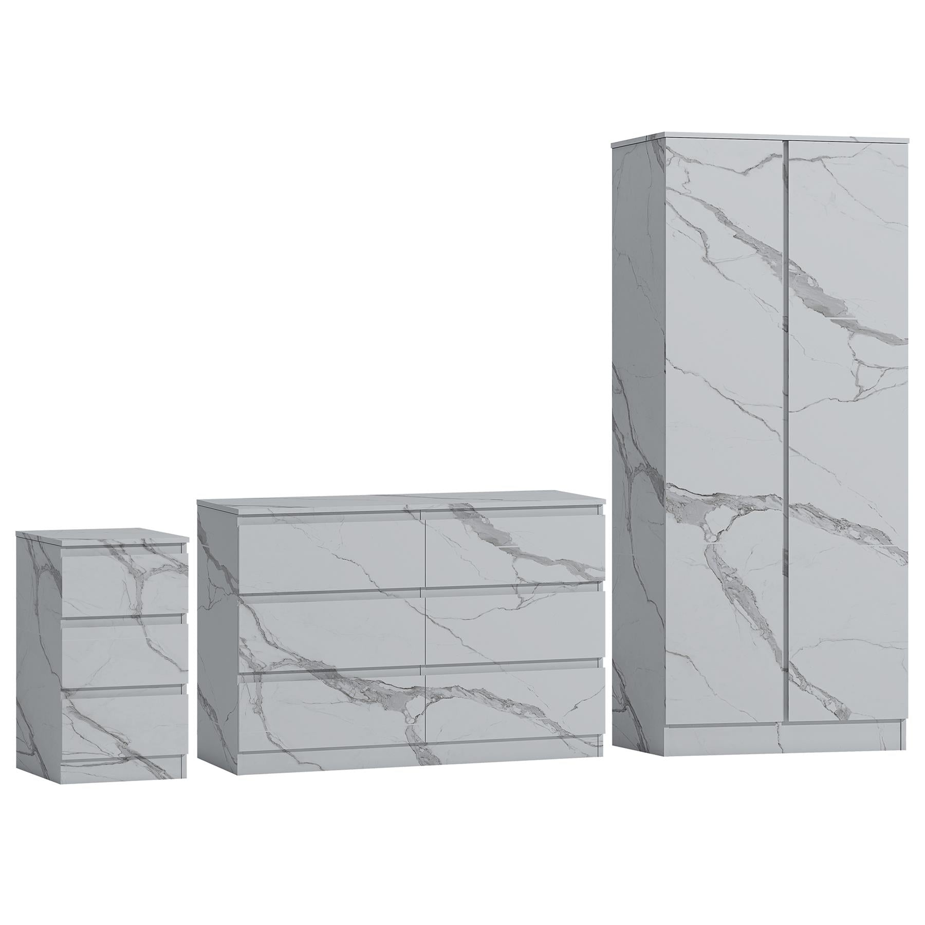 ZITA 3pc Bedroom Set White Marble Effect - Wardrobe + 6 Drawer Chest + Bedside