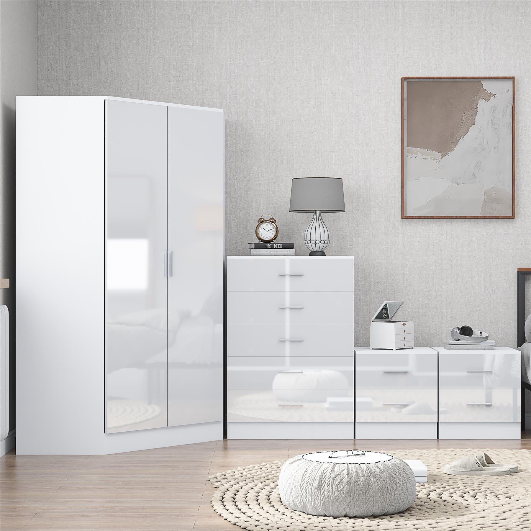 Reflect 2 Door Corner Wardrobe, 5 Drawer Chest, 2x 2 Drawer Bedsides - White Gloss & Matt White - Bedroom Furniture Set