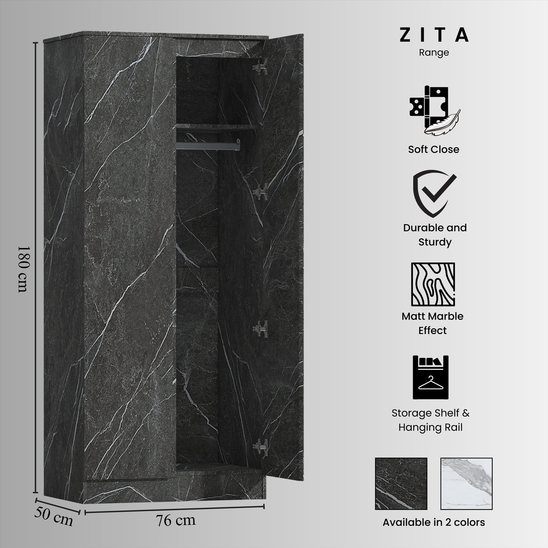 ZITA Grey Marble Effect 4 Piece Bedroom Set - Wardrobe, 6 Drawer Chest & 2 Bedside Tables, Stylish Bedroom Furniture