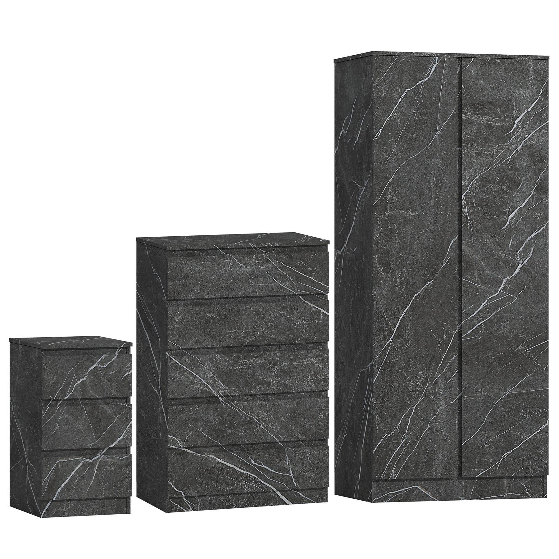 ZITA Grey Marble Effect 3 Piece Set - 2 Door Wardrobe, 5 Drawer Chest & 3 Drawer Bedside, Stylish Bedroom Storage