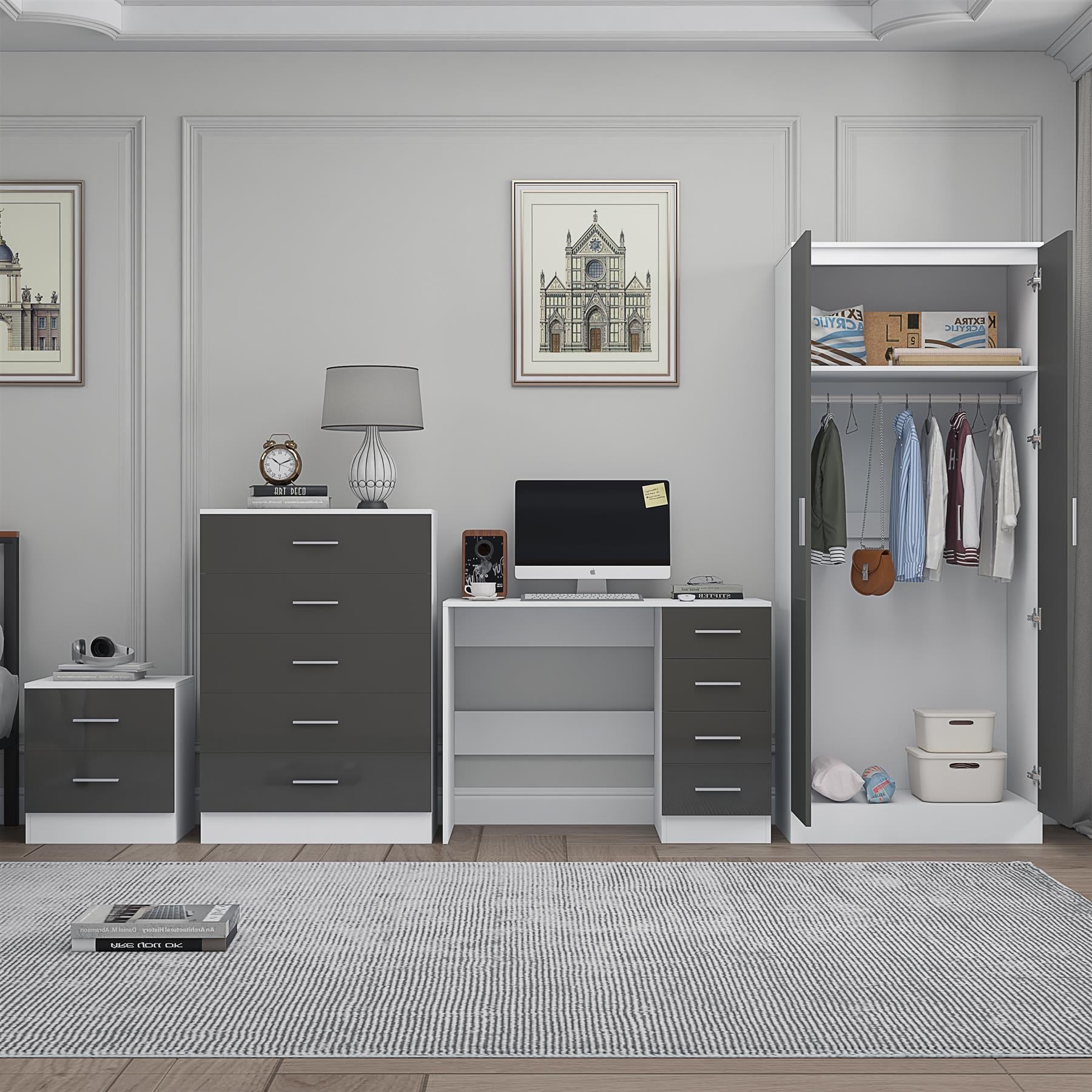 REFLECT Gloss 4pc Set - 2 Door Mirrored Wardrobe + 5 Draw Chest + Bedside + Desk