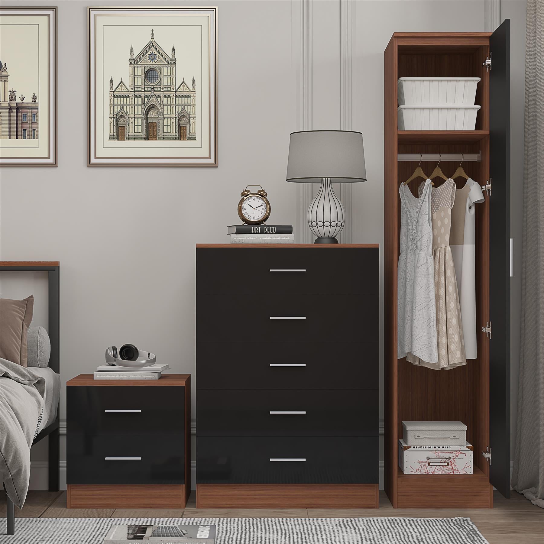 REFLECT Gloss 3pc Bedroom Set - 1 Door Wardrobe + 5 Draw Chest + Bedside