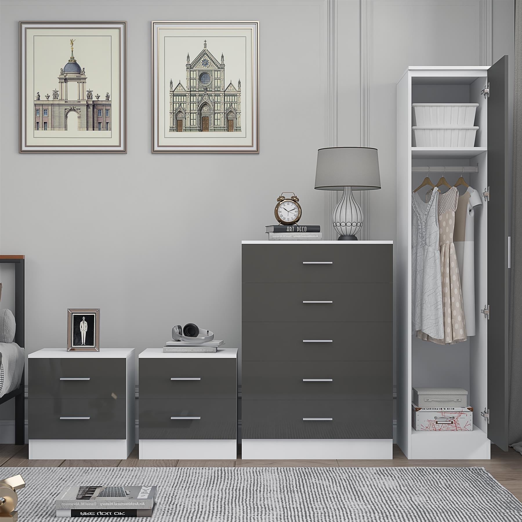 REFLECT Gloss 4pc Bedroom Set - 1 Door Wardrobe + 5 Draw Chest + 2 Bedsides