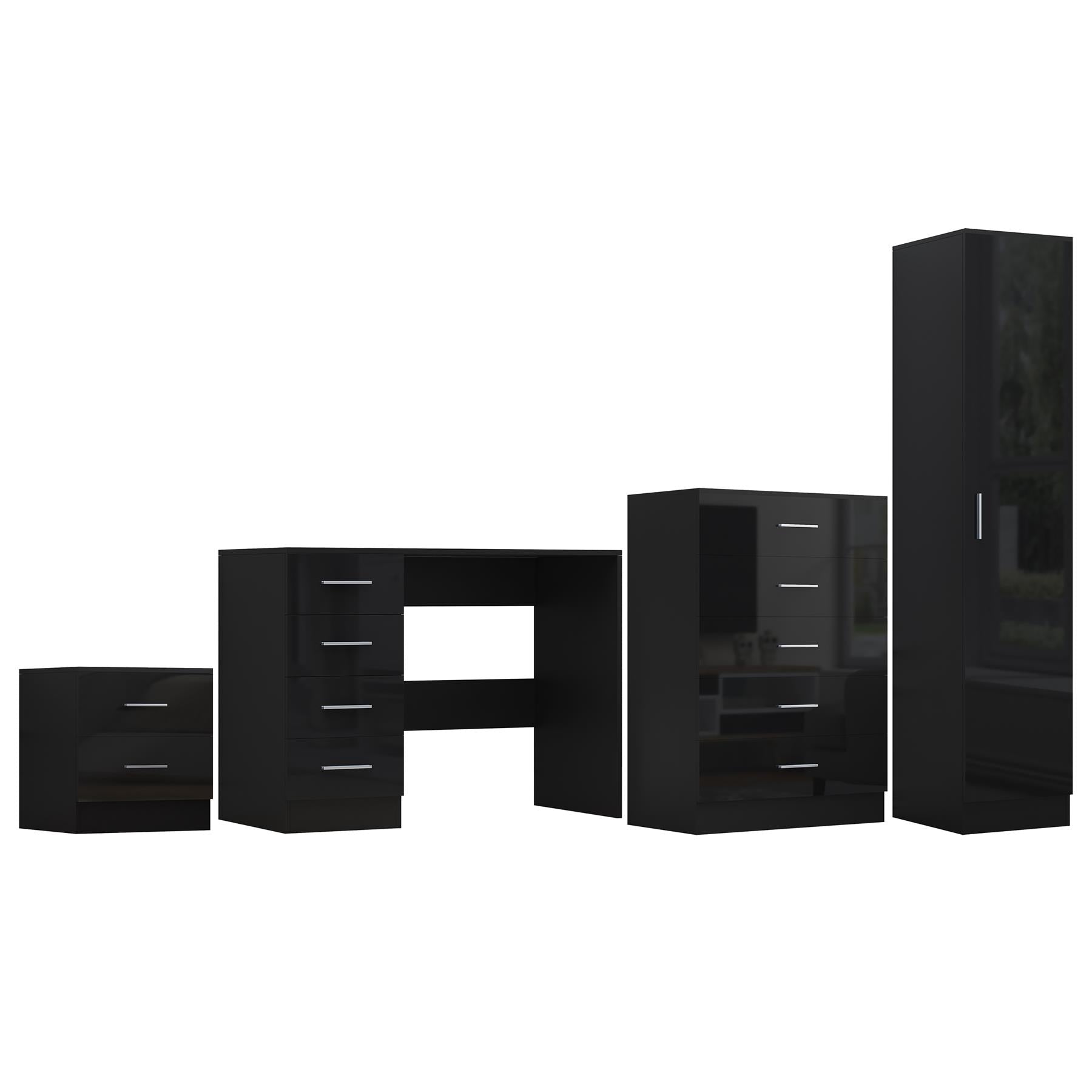 Reflect 1 Door Plain Wardrobe, 5 Drawer Chest, 2 Drawer Bedside & Desk - Black Gloss & Black Oak - Bedroom Furniture Set