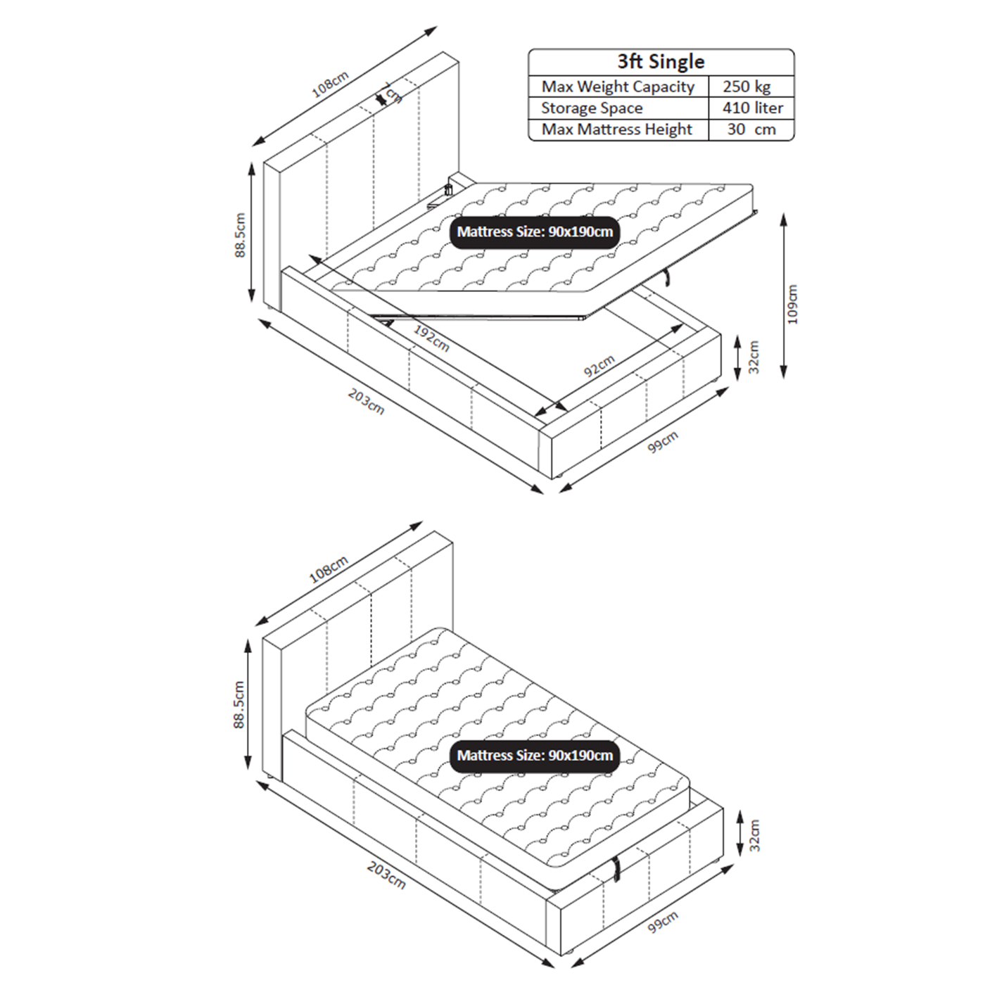 LUNA Faux Leather Gas Lift Ottoman Storage Bedframe in White with 4 Size Options