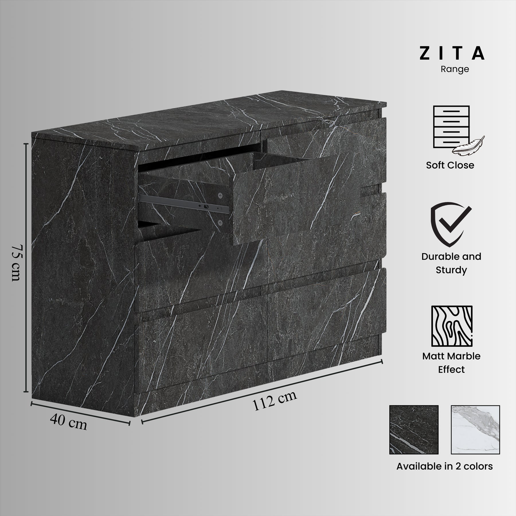 ZITA Bedroom Furniture Range Wardrobe Chest Bedside in Grey Marble Effect