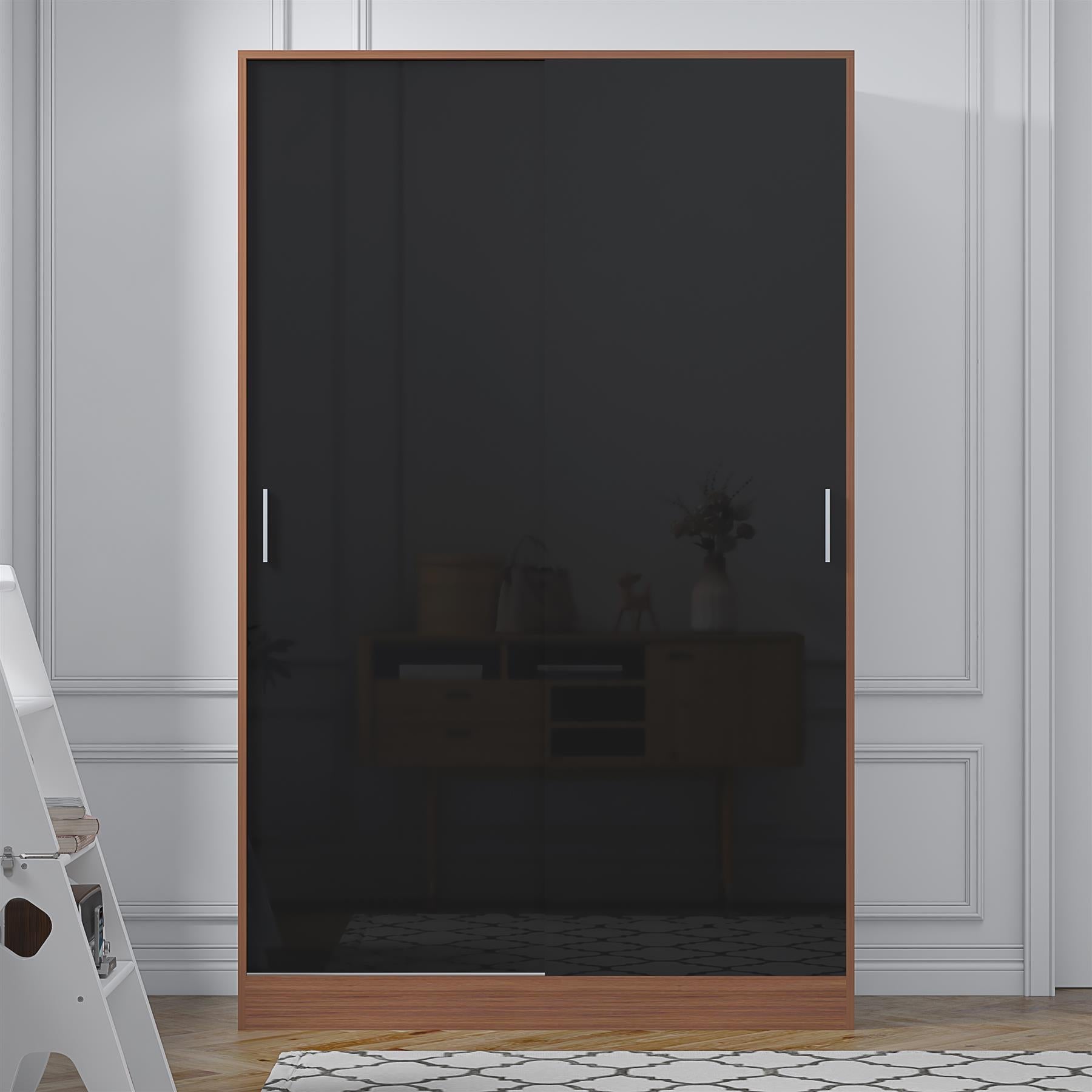 REFLECT High Gloss Bedroom Furniture Wardrobe Chest Bedside Desk - Black/Walnut