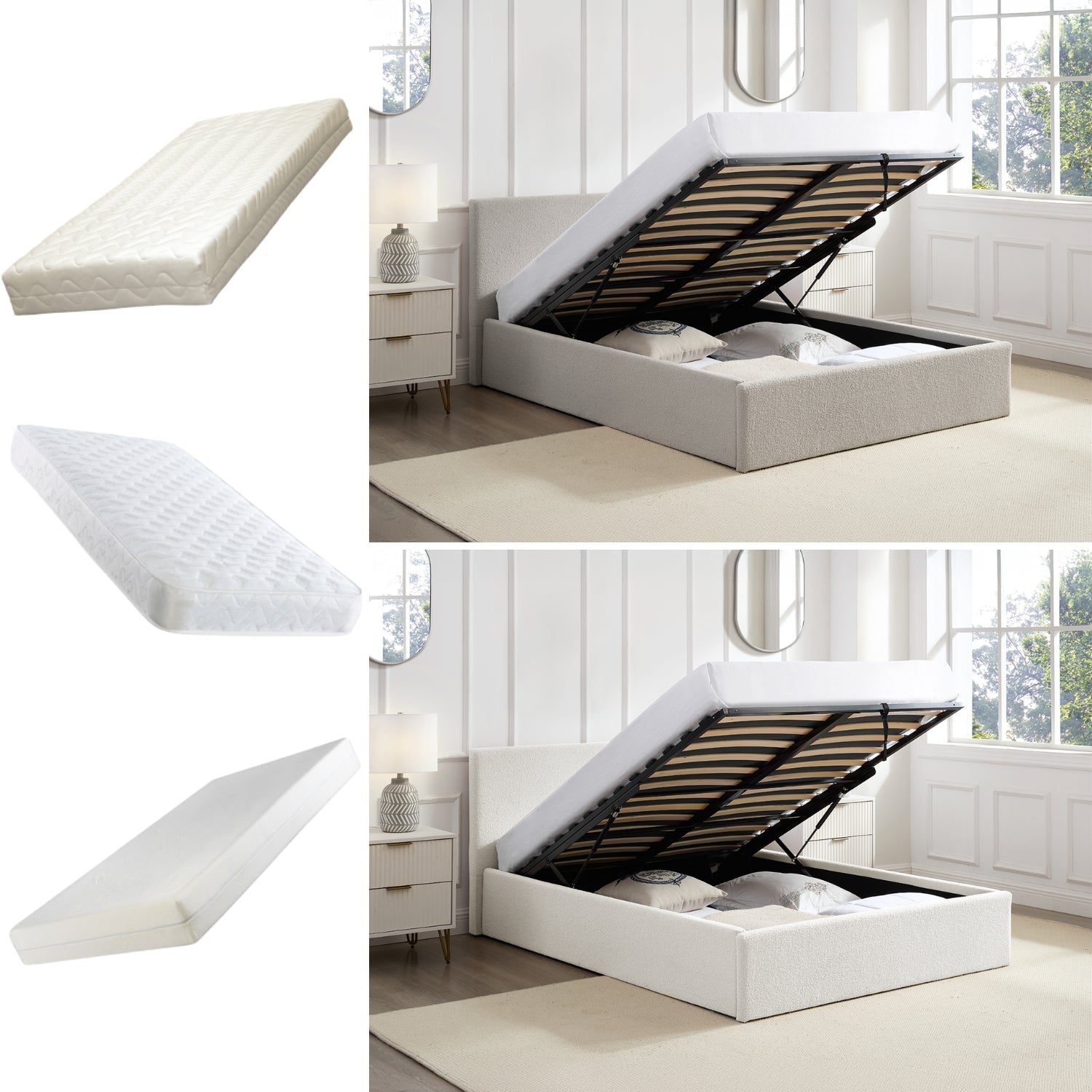 TEDDY Boucle Fabric Ottoman Storage Bed - 2 Colours + 4 Sizes + 6 Mattresses