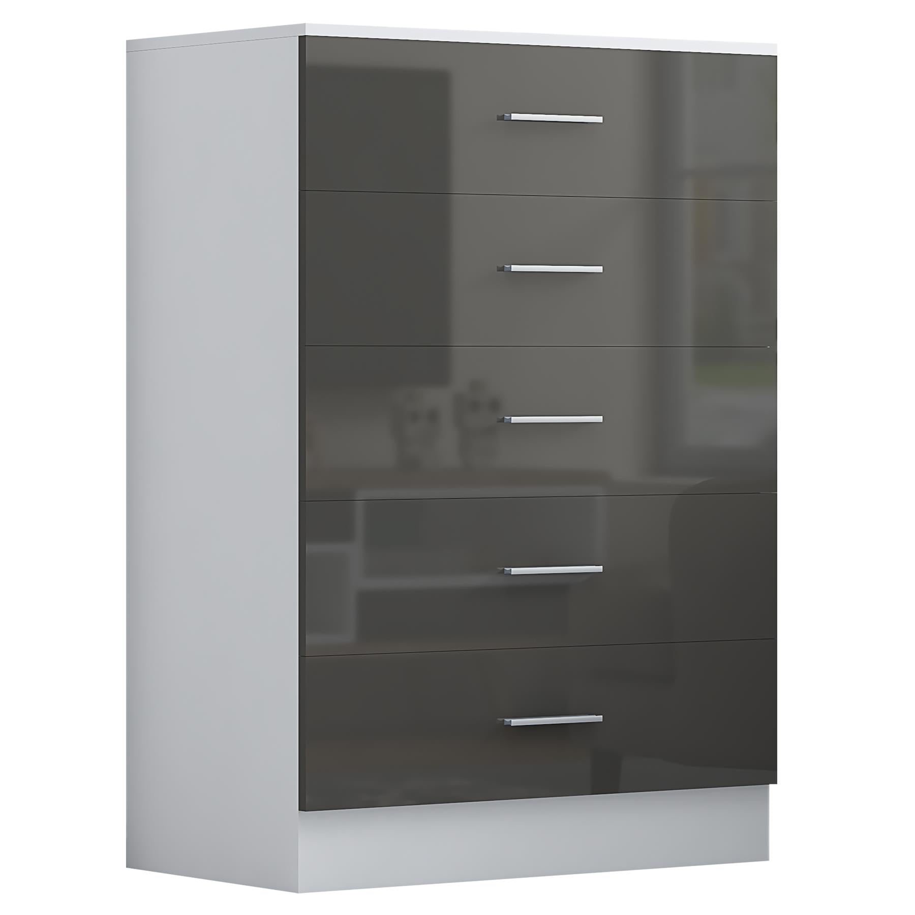 Reflect 1 Door Plain Wardrobe, 5 Drawer Chest, 2x 2 Drawer Bedsides - Grey Gloss & Matt White - Modern Bedroom Furniture Set