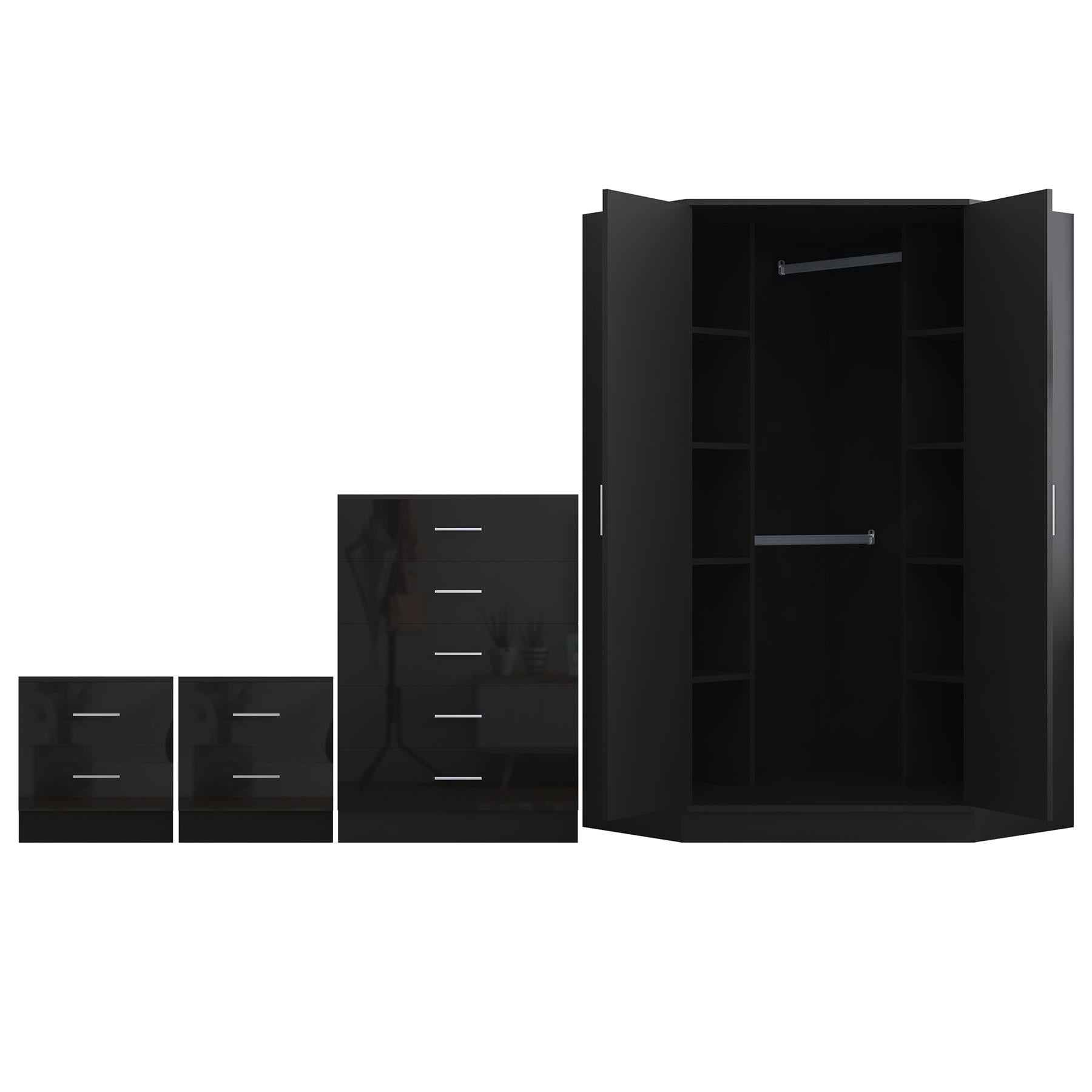 Reflect 2 Door Corner Wardrobe, 5 Drawer Chest, 2x 2 Drawer Bedsides - Black Gloss & Black Oak - Bedroom Furniture Set