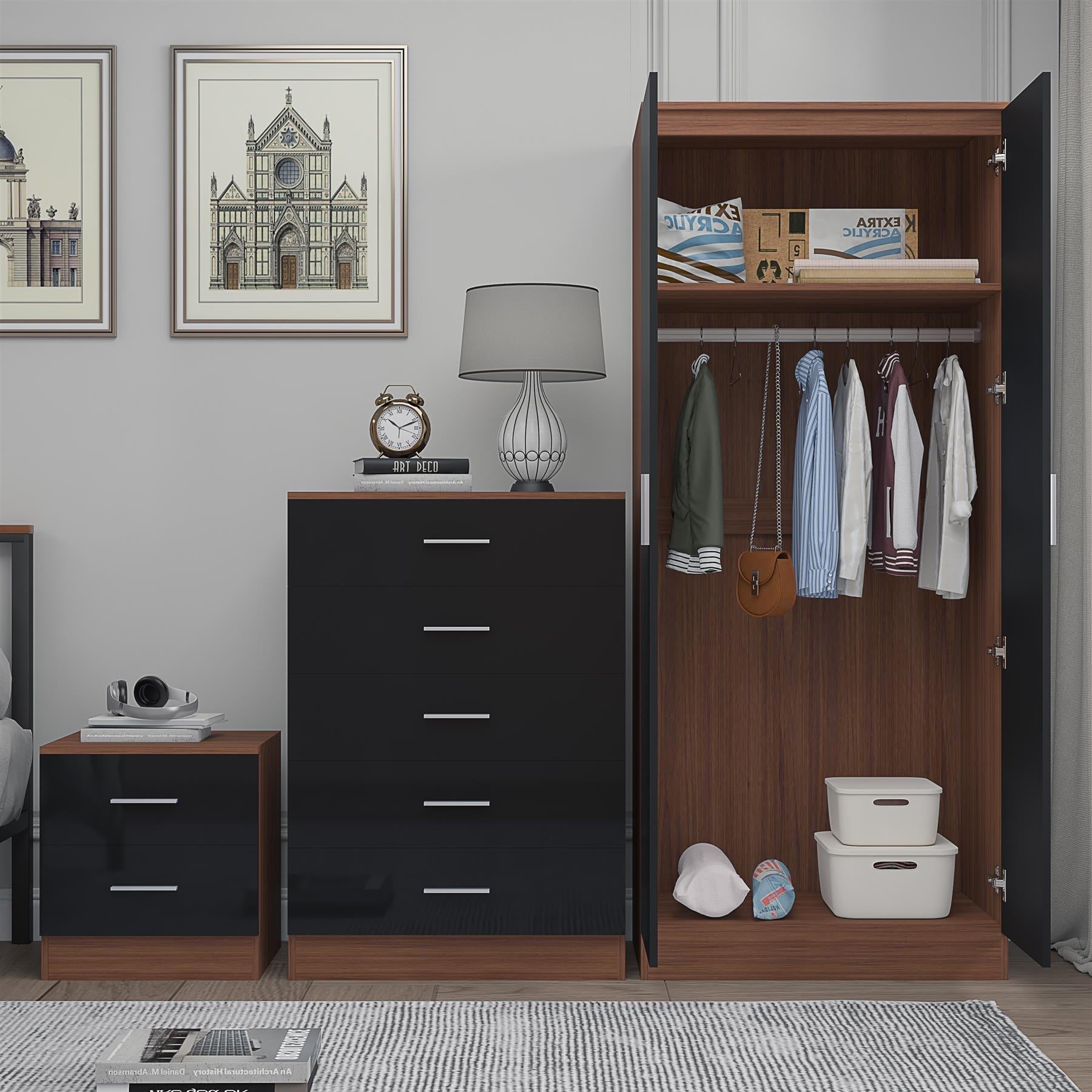 REFLECT Gloss 3pc Set - 2 Door Mirrored Wardrobe + 5 Draw Chest + Bedside