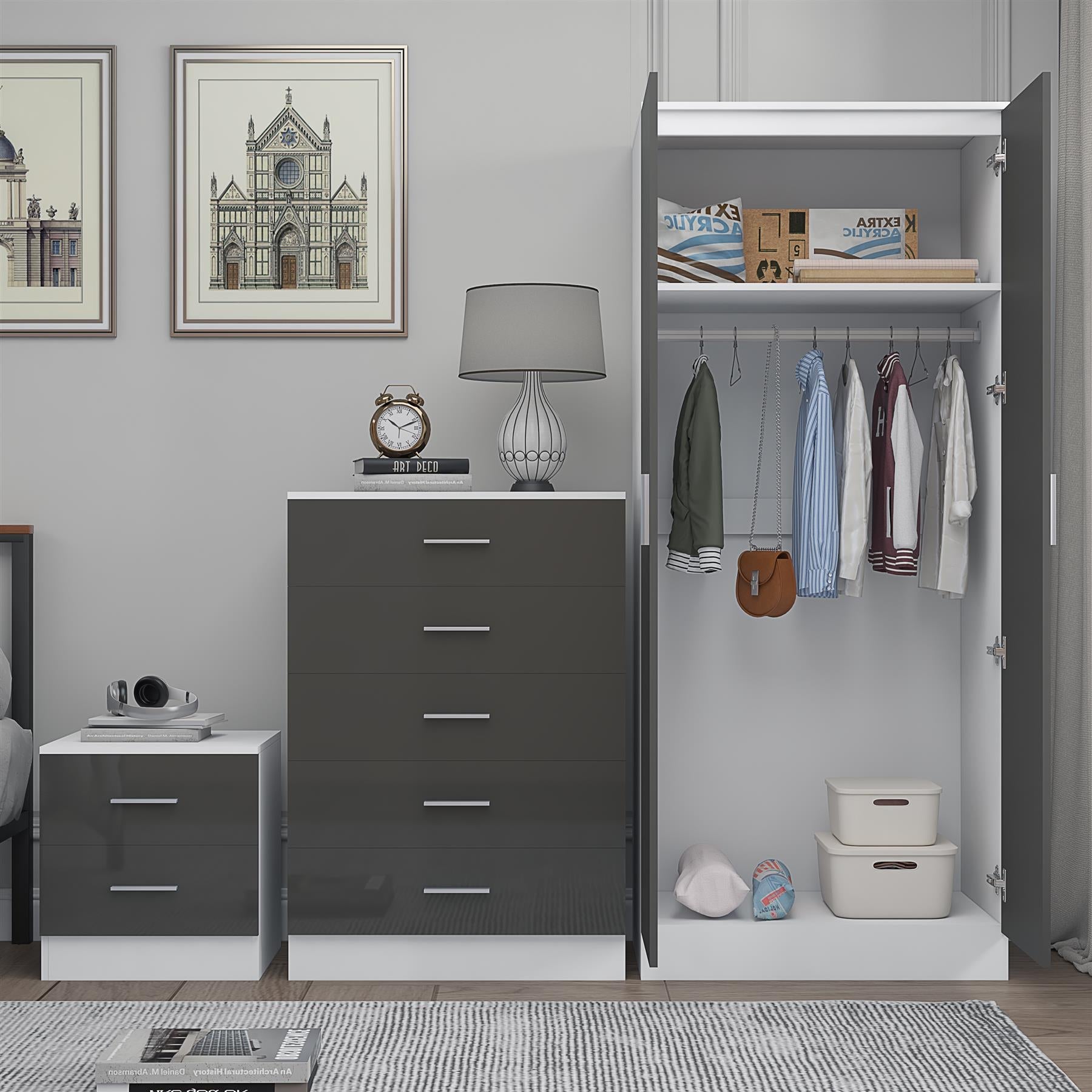 REFLECT Gloss 3pc Set - 2 Door Mirrored Wardrobe + 5 Draw Chest + Bedside