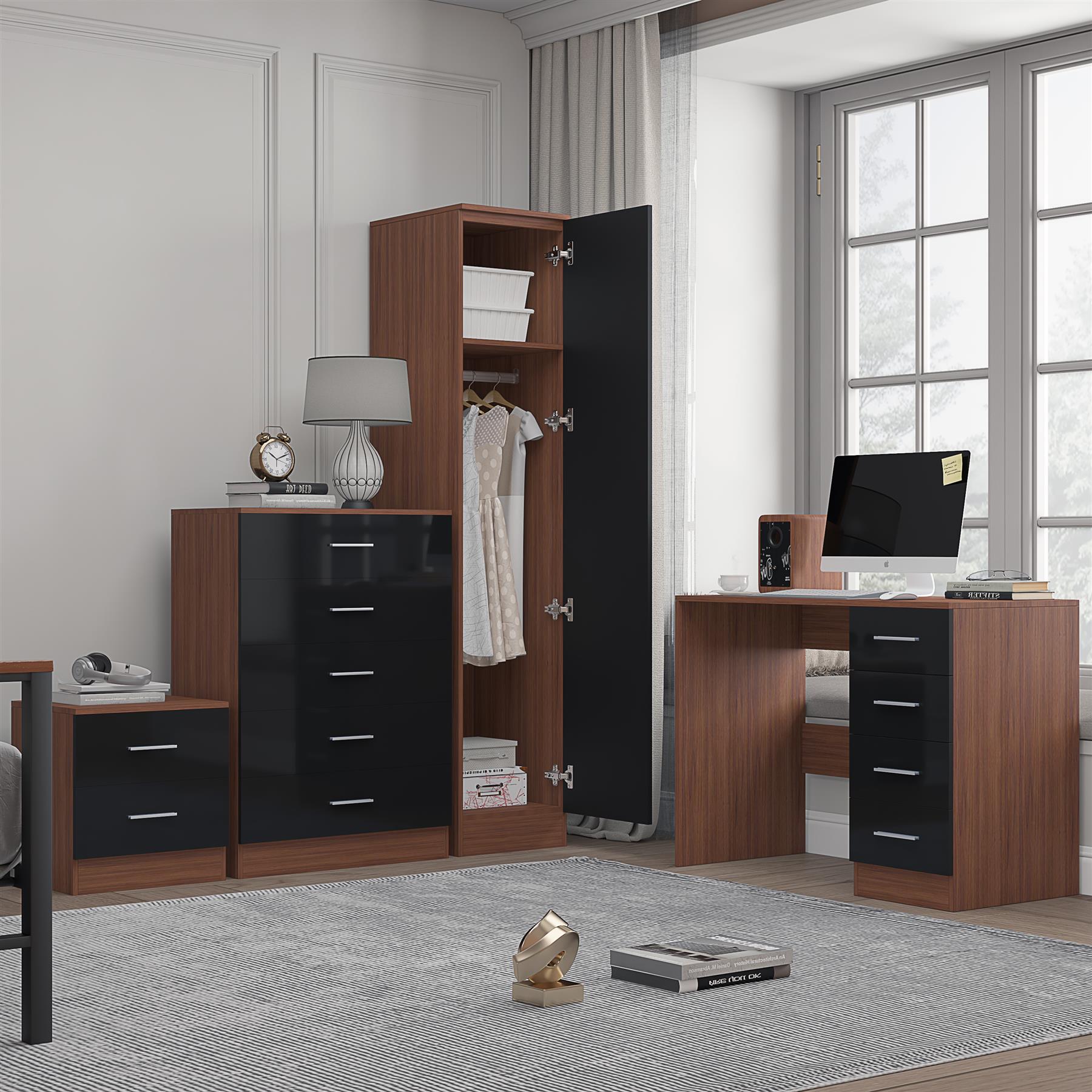 Reflect 1 Door Plain Wardrobe, 5 Drawer Chest, 2 Drawer Bedside & Desk - Black Gloss & Walnut - Bedroom Furniture Set