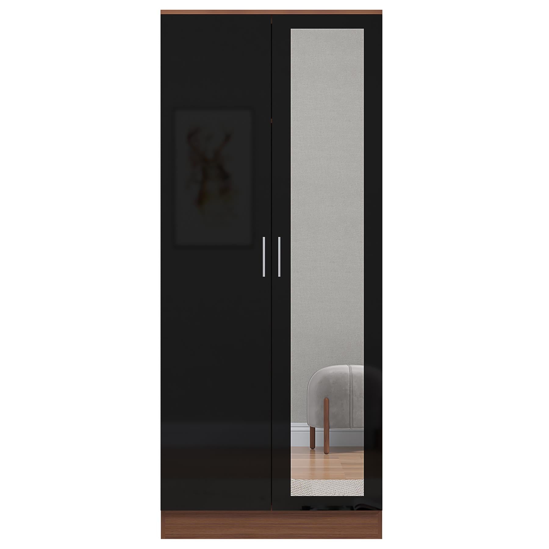 Reflect 2 Door Mirrored Wardrobe - Black Gloss & Walnut - Hanging Rails & Shelves - H: 180cm x W: 76cm - Modern Sleek Design