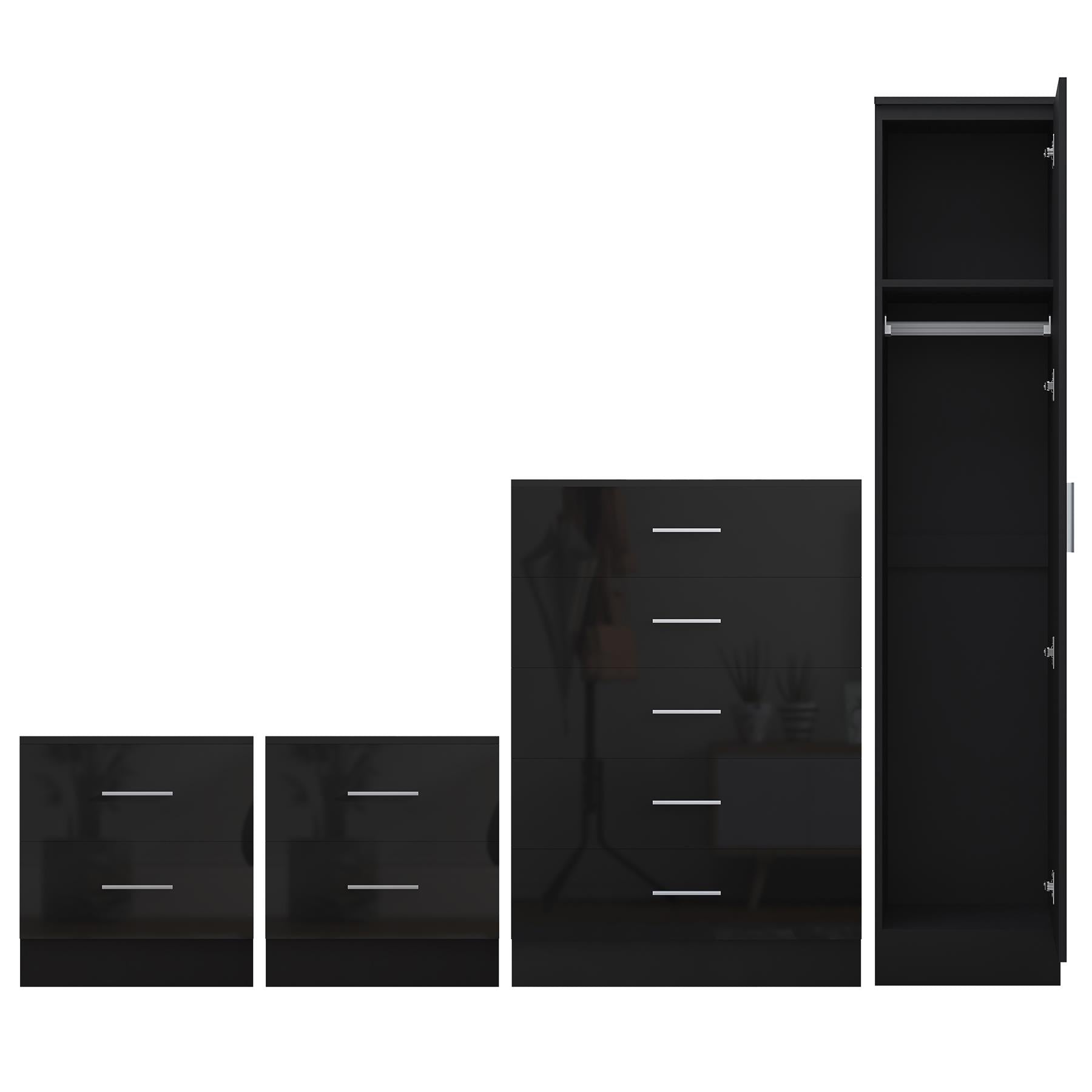 REFLECT Gloss 4pc Bedroom Set - 1 Door Wardrobe + 5 Draw Chest + 2 Bedsides