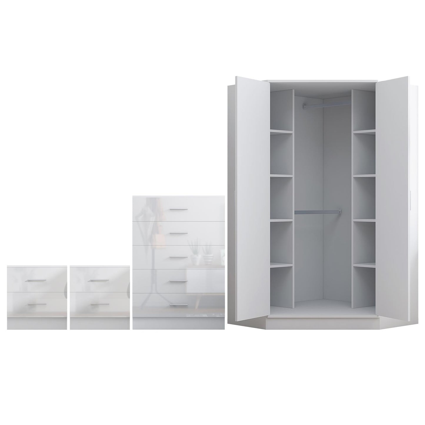 REFLECT Gloss 4pc Set - 2 Door Corner Wardrobe + 5 Draw Chest + 2 Bedsides