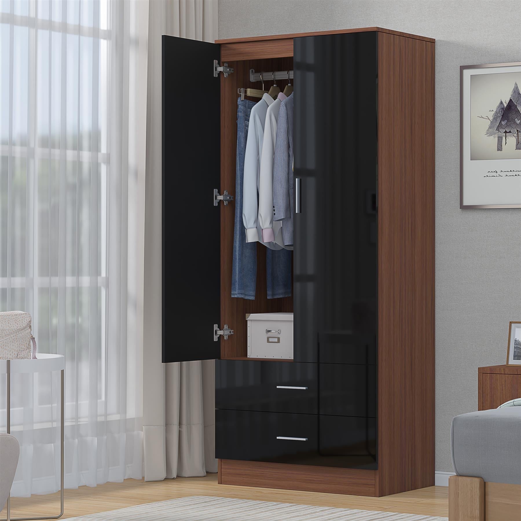 Reflect 2 Door 2 Drawer Combi Plain Wardrobe - Black Gloss & Walnut - Hanging Rails, Drawers & Shelf - H: 180cm x W: 76cm