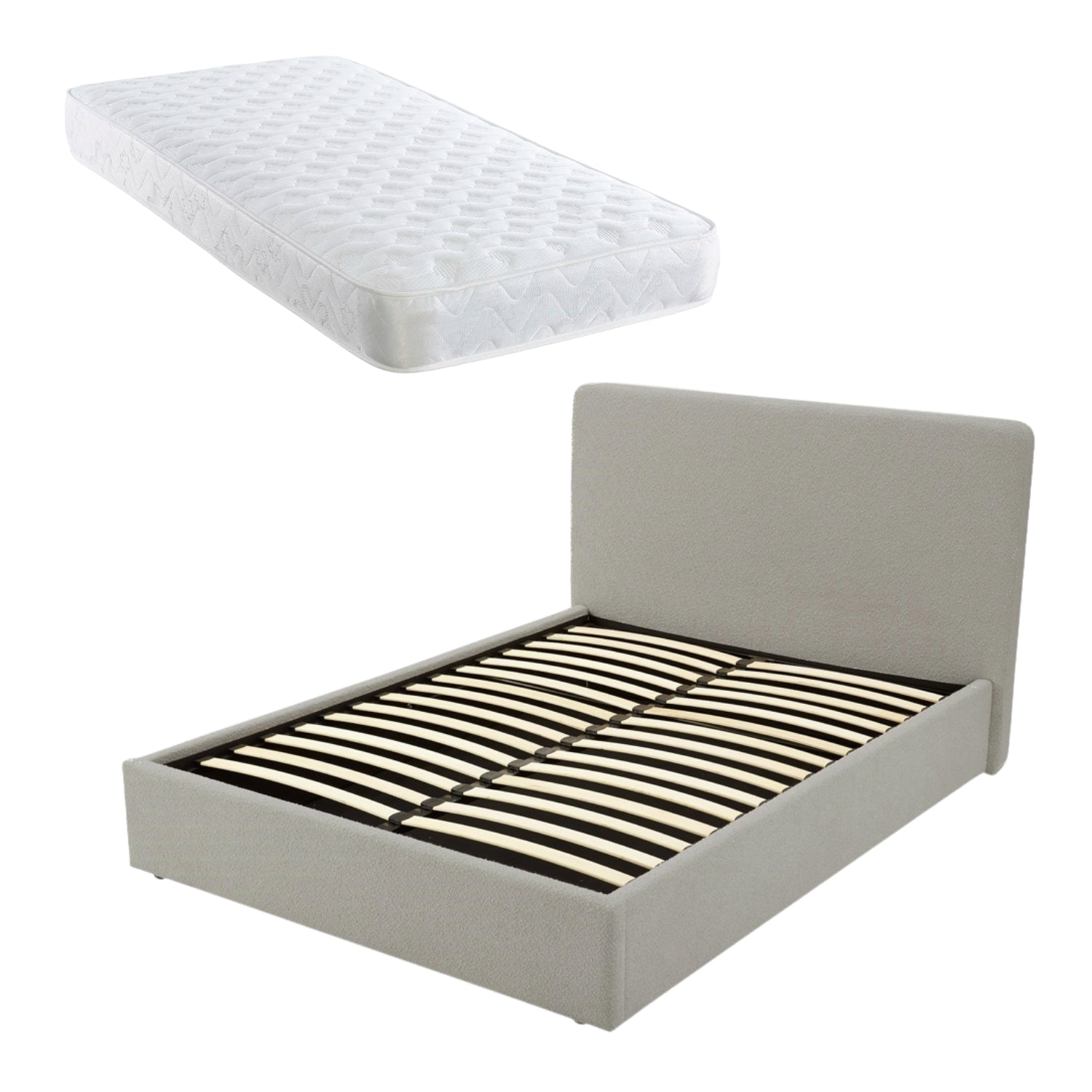 TEDDY BOUCLE 5FT King Grey Ottoman Storage Bed Gas Lift Up - (L) 220cm x (W) 170cm (H) 113cm with Bonnell Spring Mattress