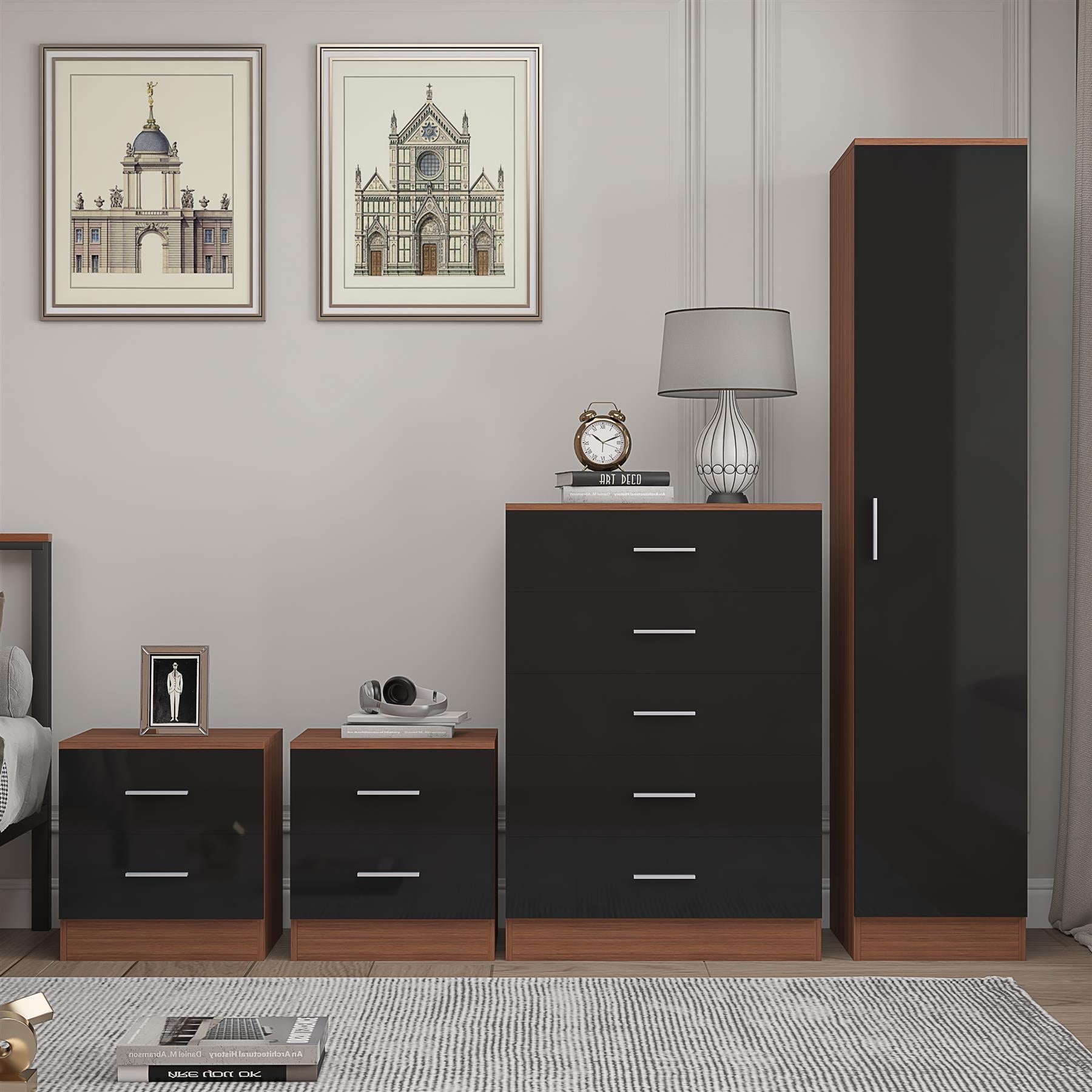 Reflect 1 Door Plain Wardrobe, 5 Drawer Chest, 2x 2 Drawer Bedsides - Black Gloss & Walnut - Modern Bedroom Furniture Set