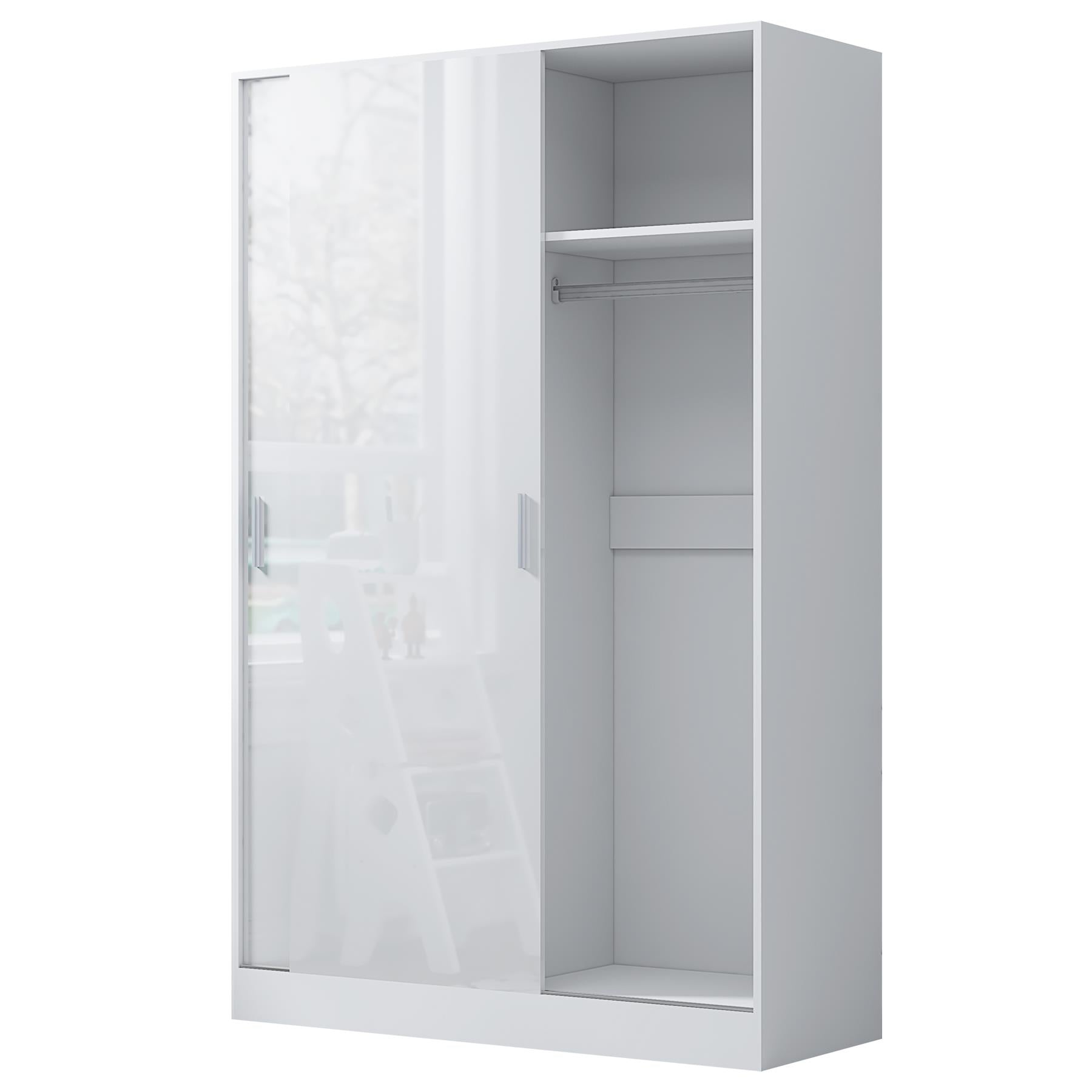 Reflect 2 Door Sliding Wardrobe - White Gloss & Matt White - Hanging Rails & Shelves - H:180cm x W:120cm x D: 58cm - Modern Design