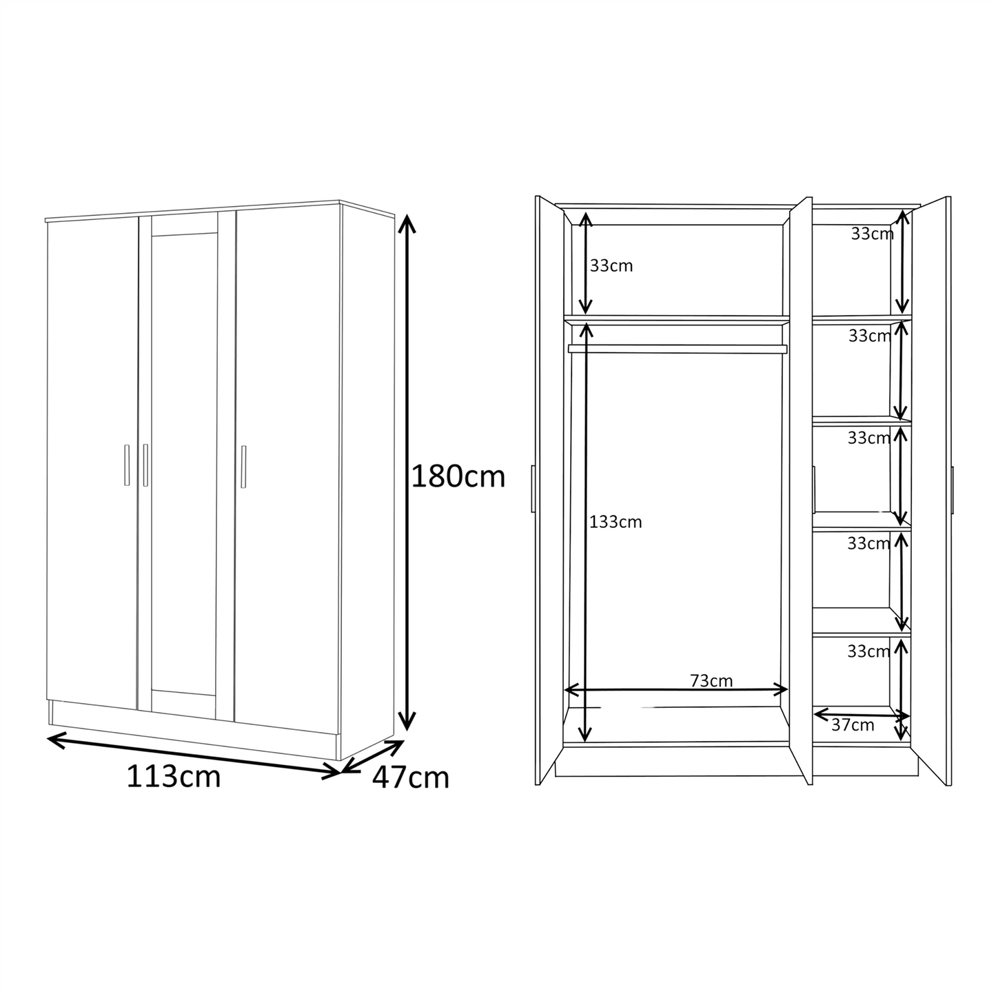 Reflect 2pc Wardrobe Bundle - 3 Door Mirror + 3 Door Plain - Black Gloss & Black Oak