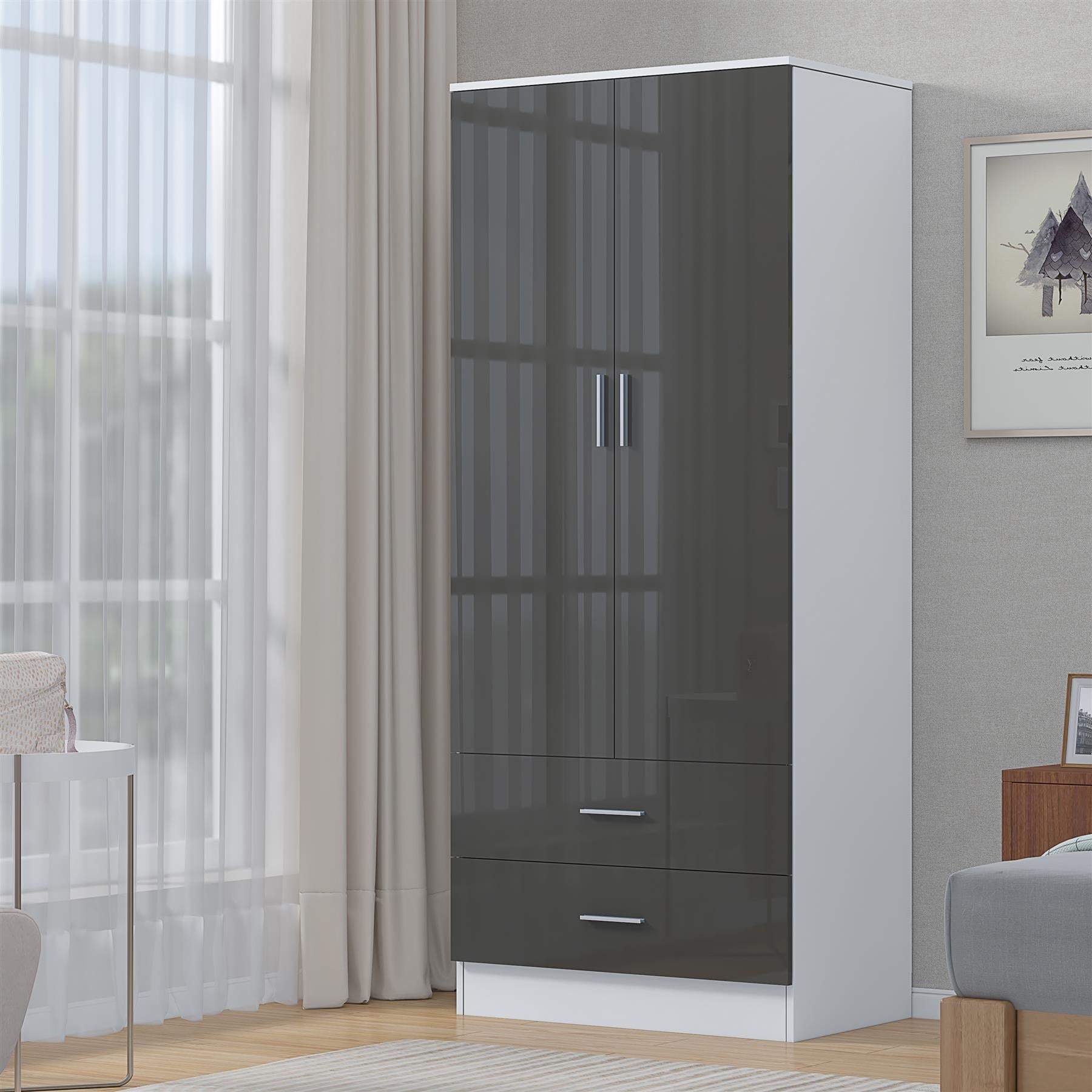 Reflect 2 Door 2 Drawer Combi Plain Wardrobe - Grey Gloss & Matt White - Hanging Rails, Drawers & Shelf - H: 180cm x W: 76cm