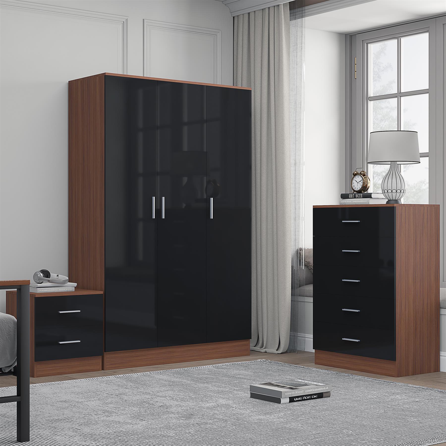 REFLECT Gloss 3pc Bedroom Set - 3 Door Wardrobe + 5 Draw Chest + Bedside