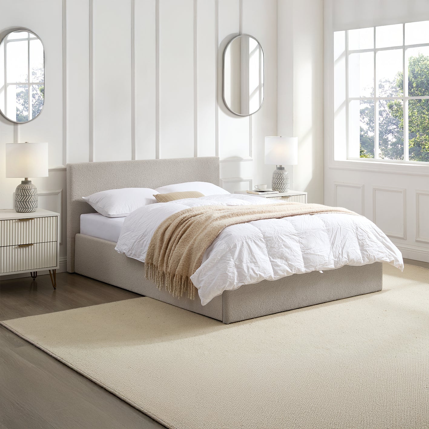 TEDDY Boucle Fabric Ottoman Storage Bed - 2 Colours + 4 Sizes + 6 Mattresses