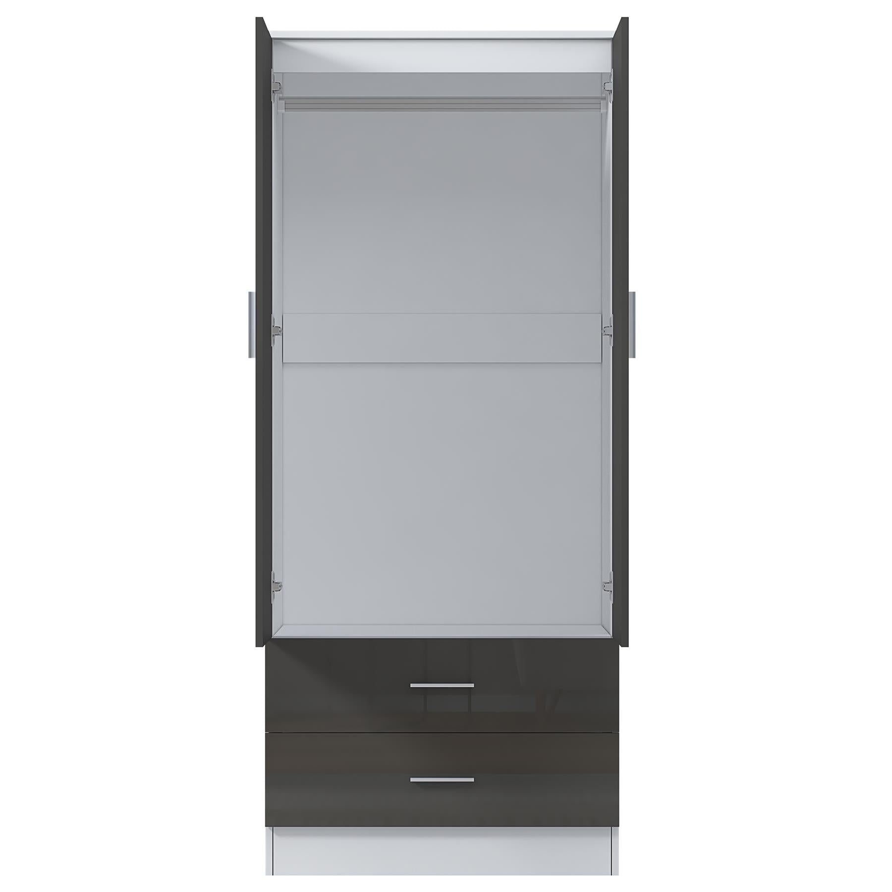 Reflect 2 Door 2 Drawer Combi Plain Wardrobe - Grey Gloss & Matt White - Hanging Rails, Drawers & Shelf - H: 180cm x W: 76cm