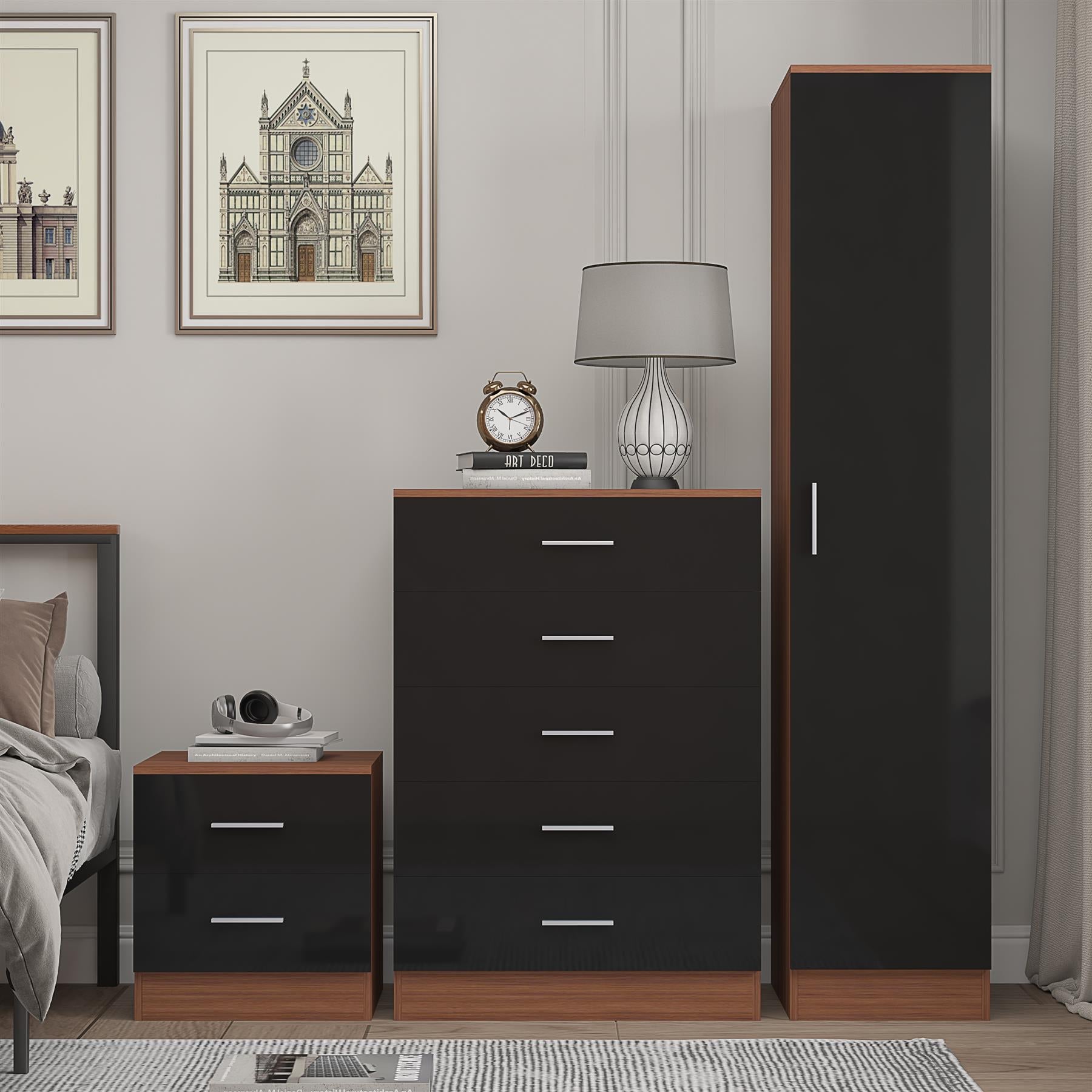 Reflect 1 Door Plain Wardrobe, 5 Drawer Chest, 2 Drawer Bedside - Black Gloss & Walnut - Bedroom Furniture Set