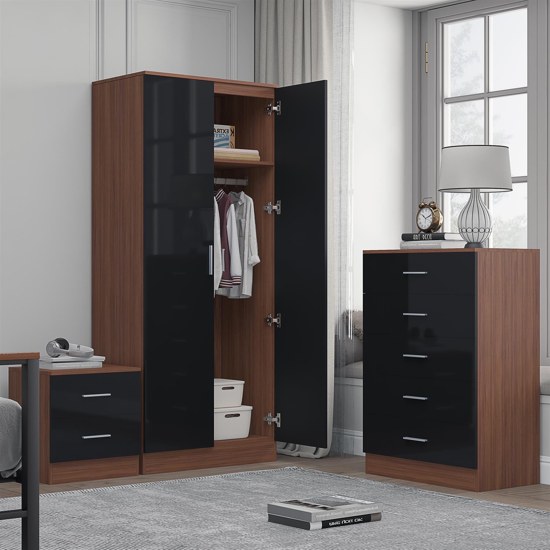Reflect 2 Door Plain Wardrobe, 5 Drawer Chest, 2 Drawer Bedside - Black Gloss & Walnut - Modern Bedroom Furniture Set