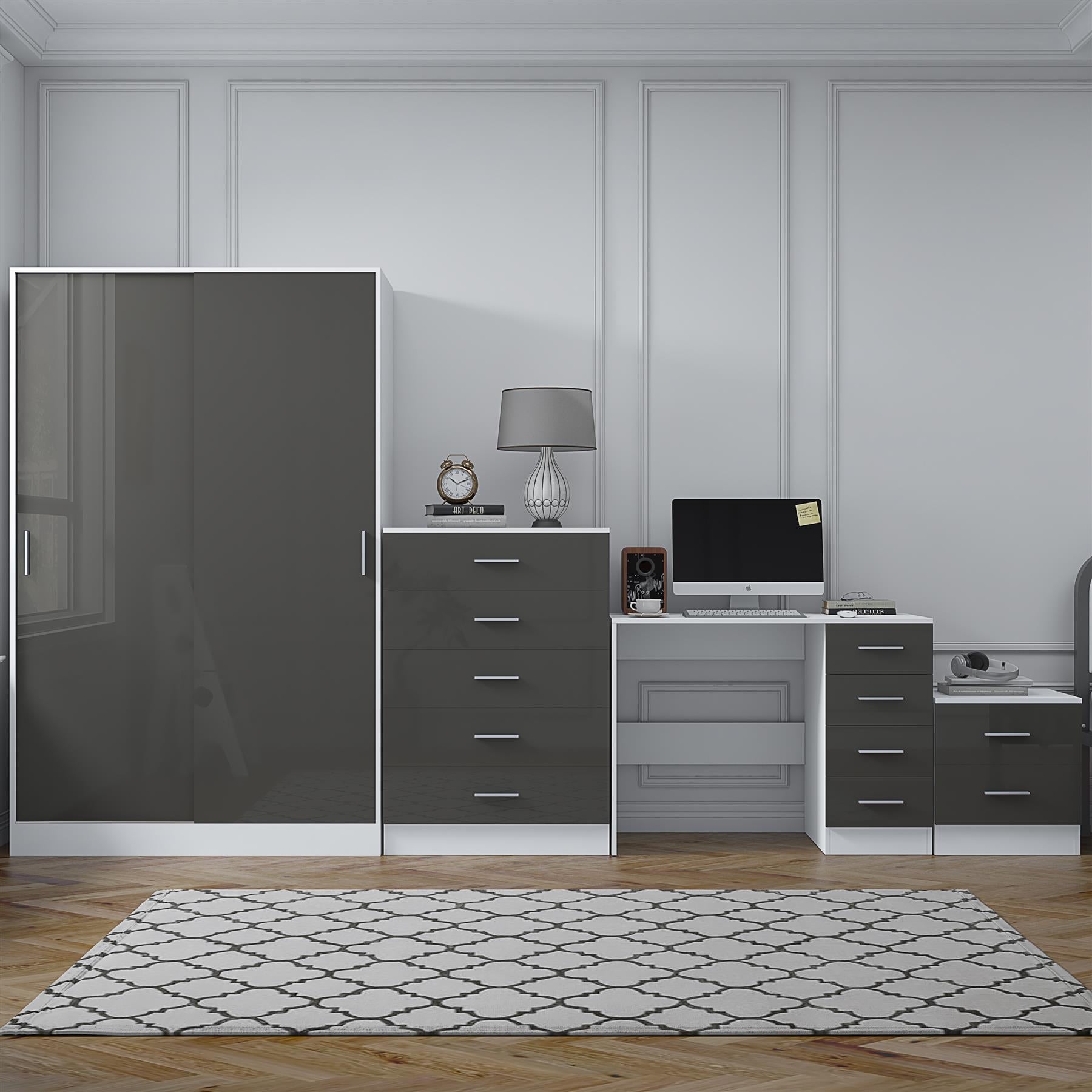 REFLECT Gloss 4pc Set - 2 Door Sliding Wardrobe + 5 Draw Chest + Bedside + Desk