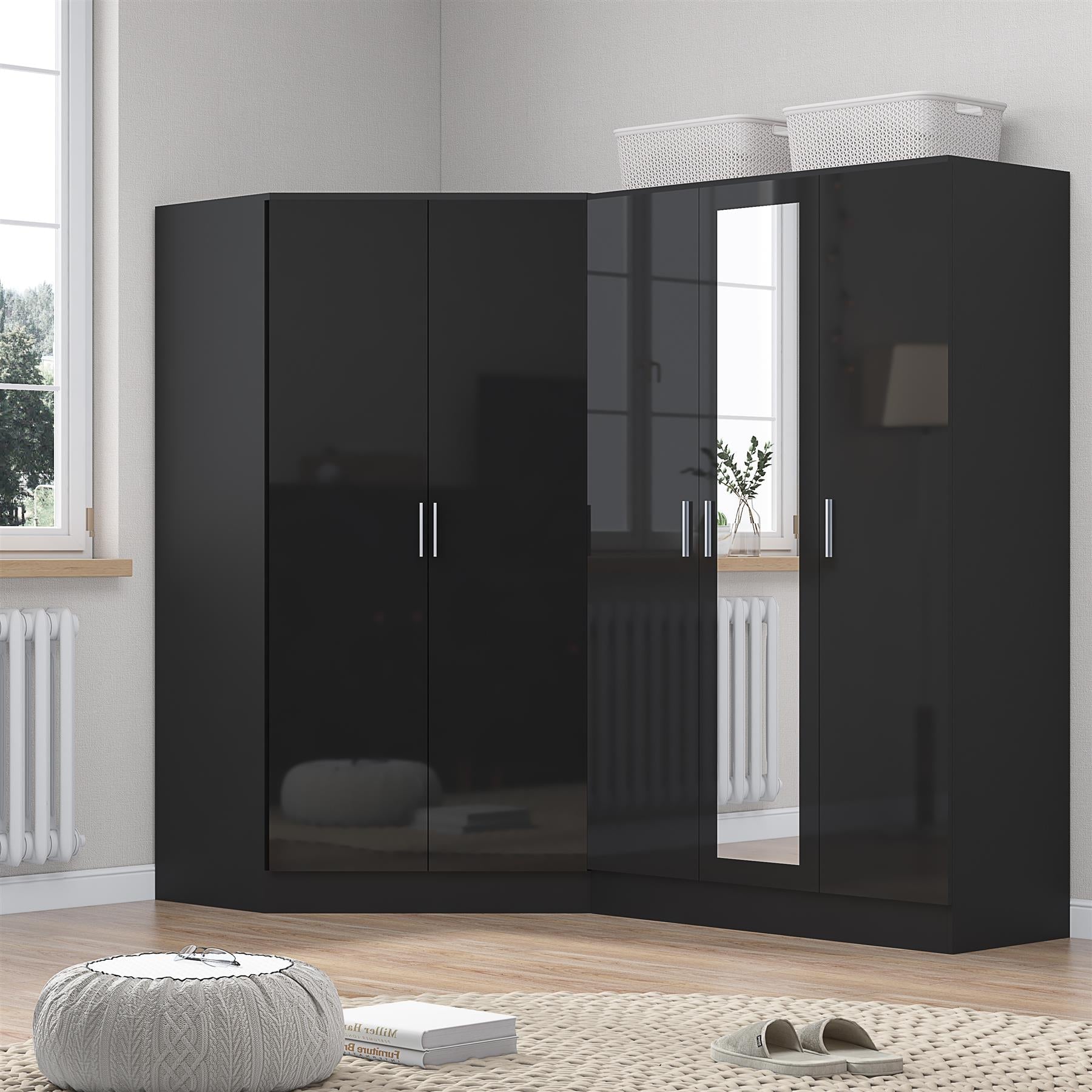 Reflect 2pc Wardrobe Bundle - 2 Door Corner + 3 Door Mirror - Black Gloss & Black Oak - H: 180cm x W: 179cm x D: 103cm