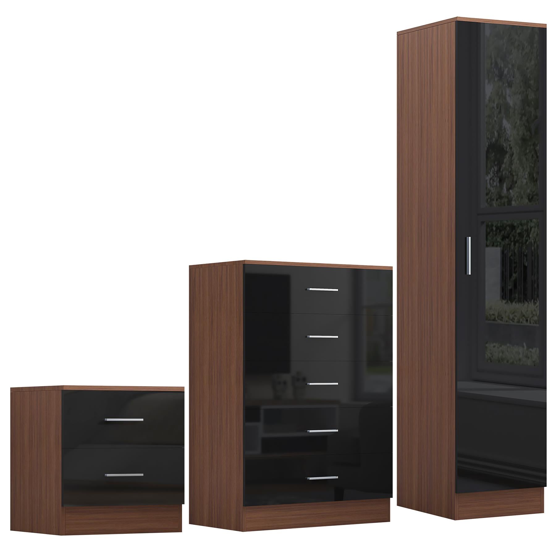 REFLECT Gloss 3pc Bedroom Set - 1 Door Wardrobe + 5 Draw Chest + Bedside