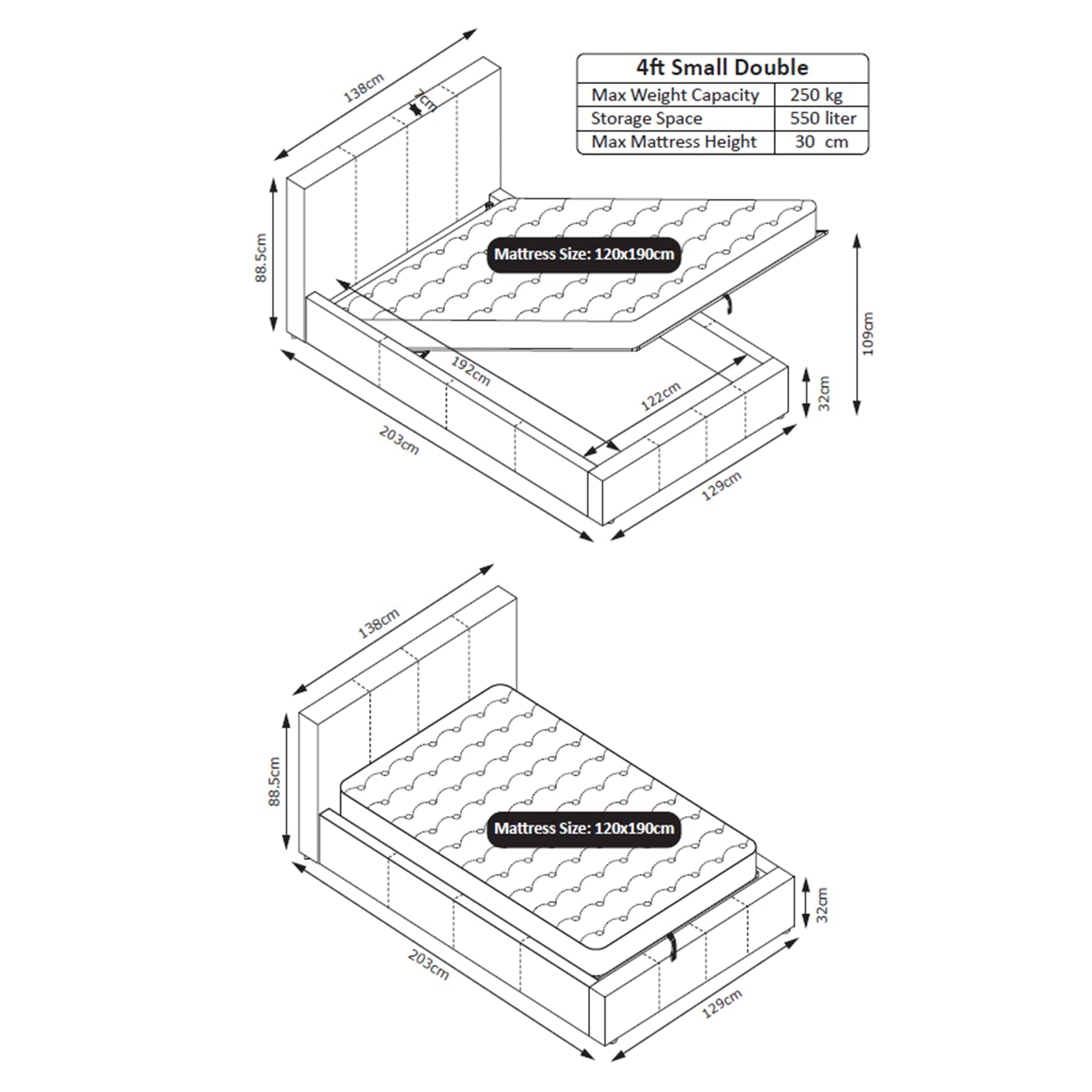 TEDDY Boucle Fabric Ottoman Storage Bed - 2 Colours + 4 Sizes + 6 Mattresses