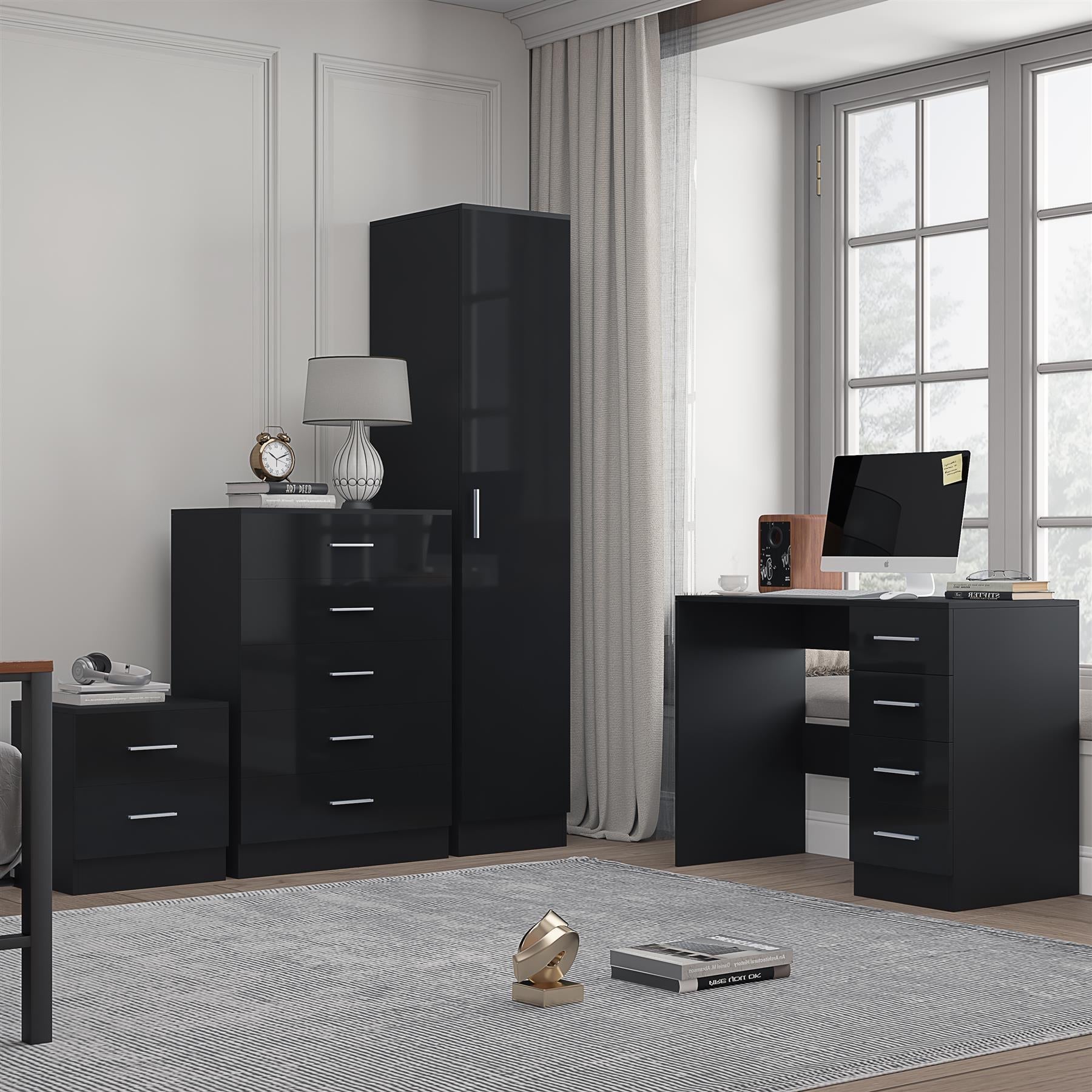 REFLECT Gloss 4pc Bedroom Set - 1 Door Wardrobe + 5 Draw Chest + Bedside + Desk