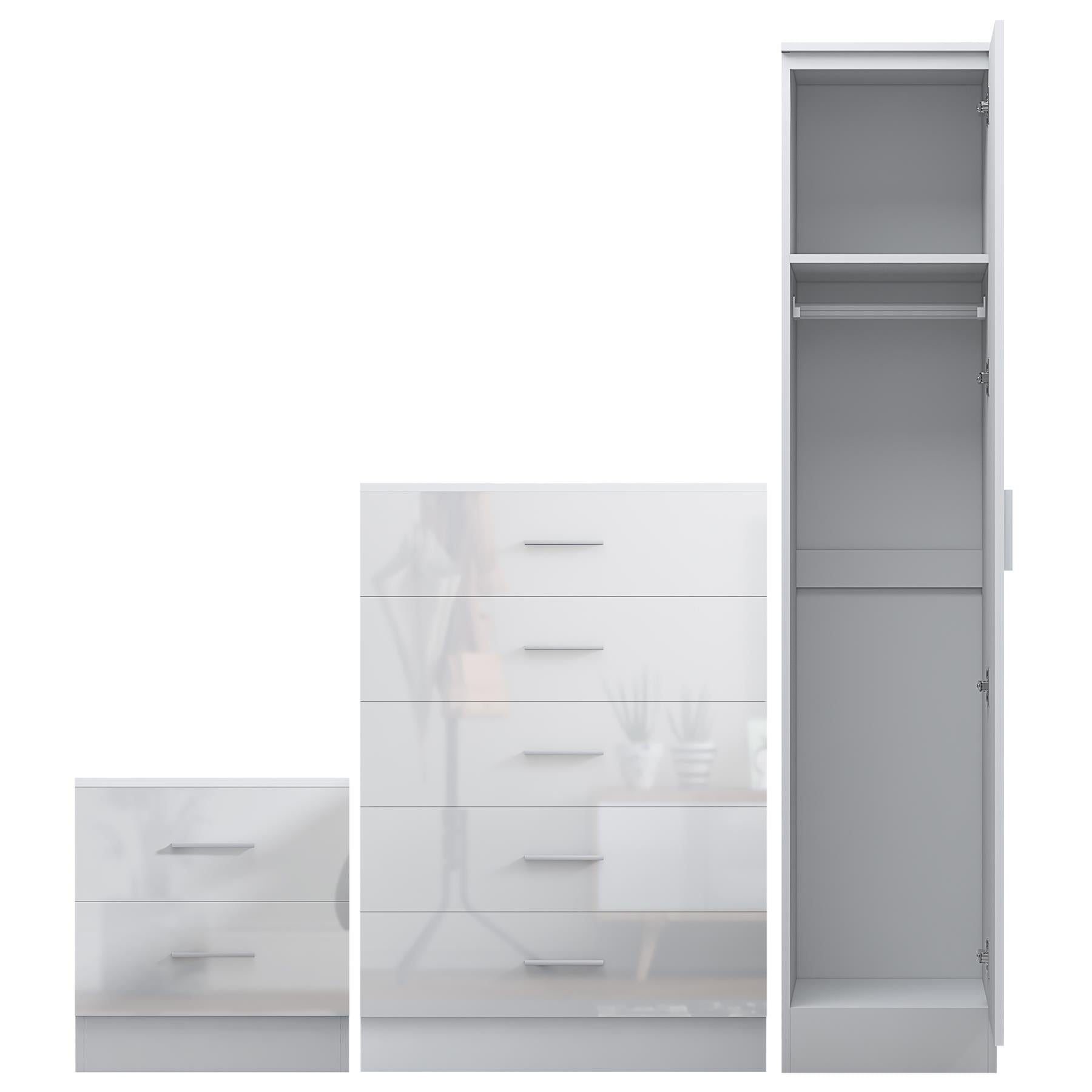 Reflect 1 Door Plain Wardrobe, 5 Drawer Chest, 2 Drawer Bedside - White Gloss & Matt White - Bedroom Furniture Set