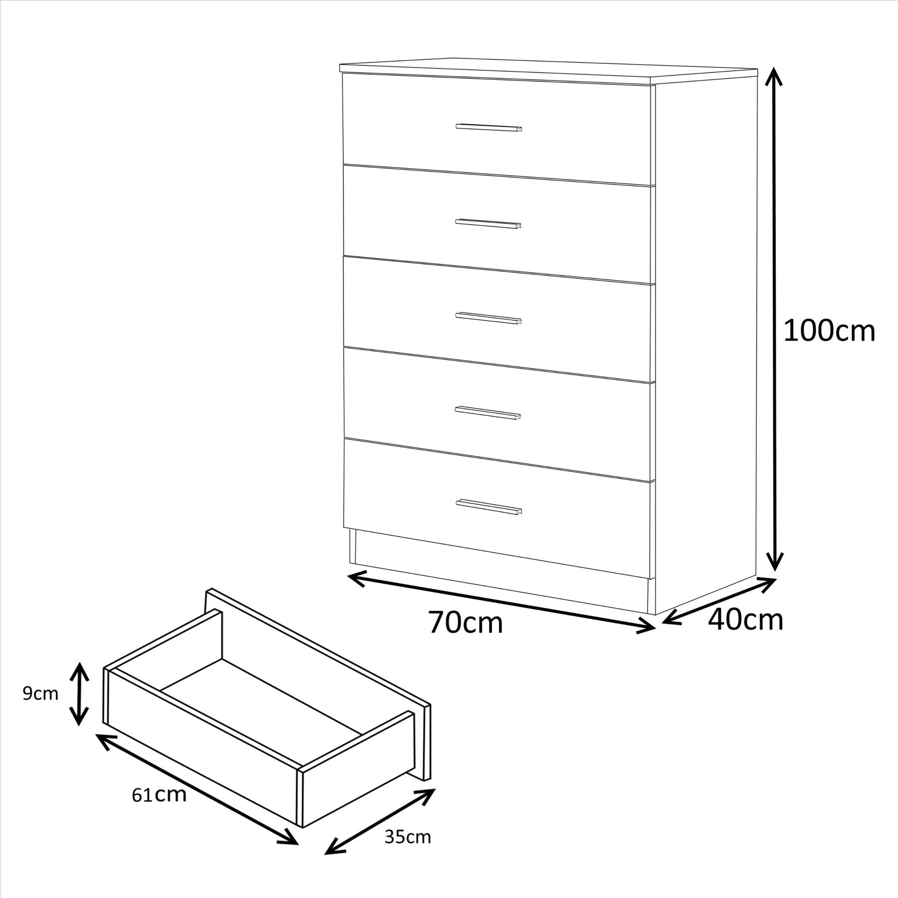 Reflect 2 Door Plain Wardrobe, 5 Drawer Chest, 2 Drawer Bedside & Desk - Black Gloss & Walnut - Modern Bedroom Furniture Set