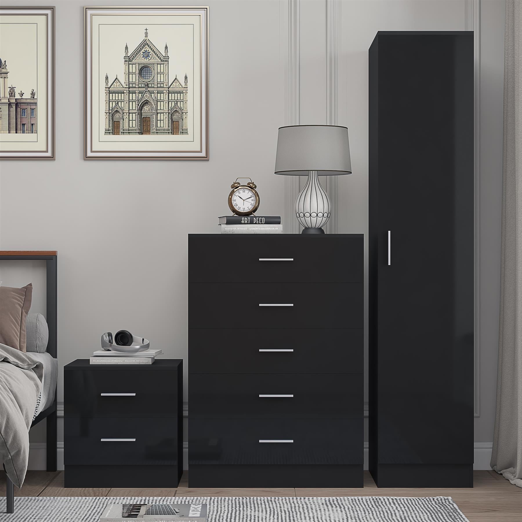 REFLECT Gloss 3pc Bedroom Set - 1 Door Wardrobe + 5 Draw Chest + Bedside