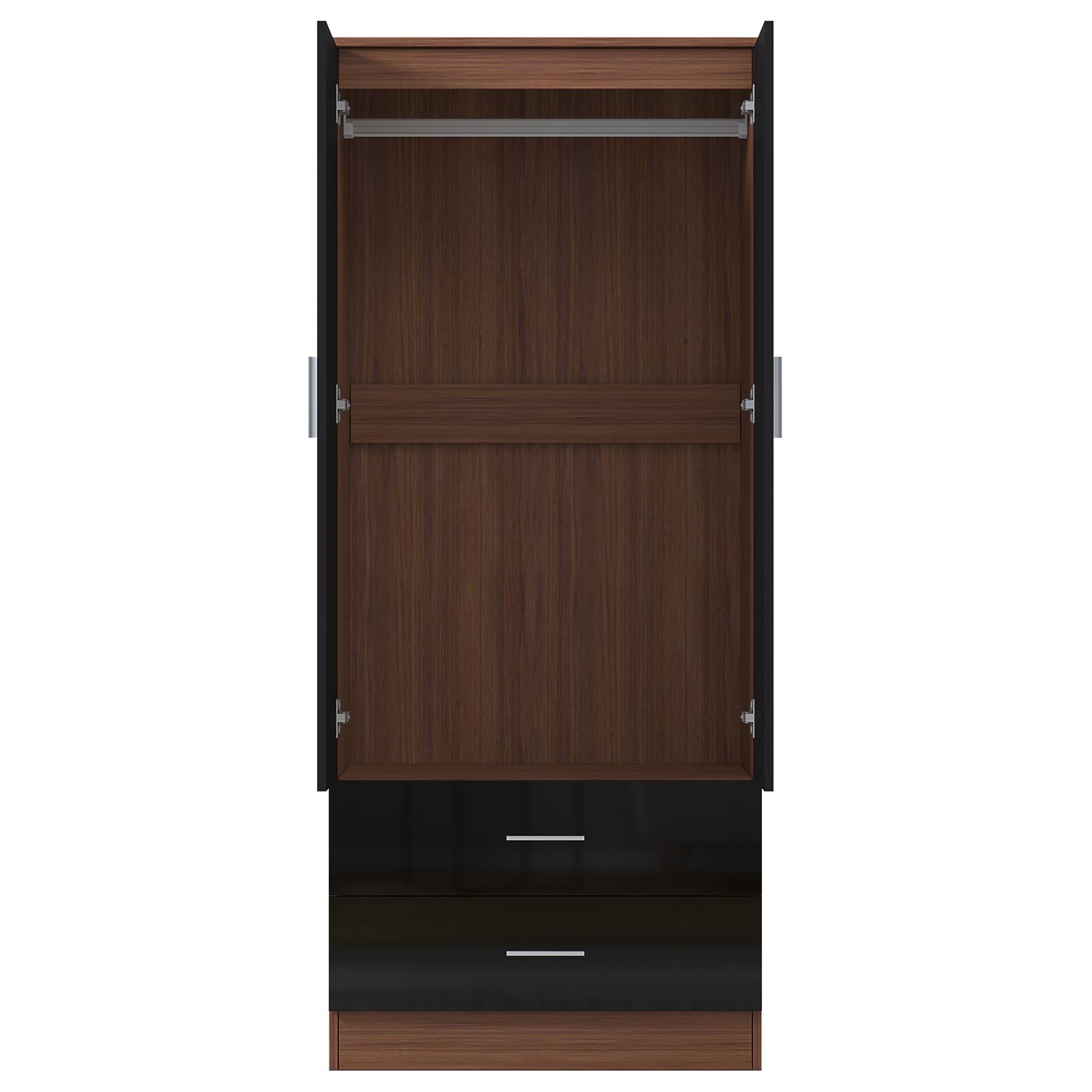 Reflect 2 Door 2 Drawer Combi Plain Wardrobe - Black Gloss & Walnut - Hanging Rails, Drawers & Shelf - H: 180cm x W: 76cm